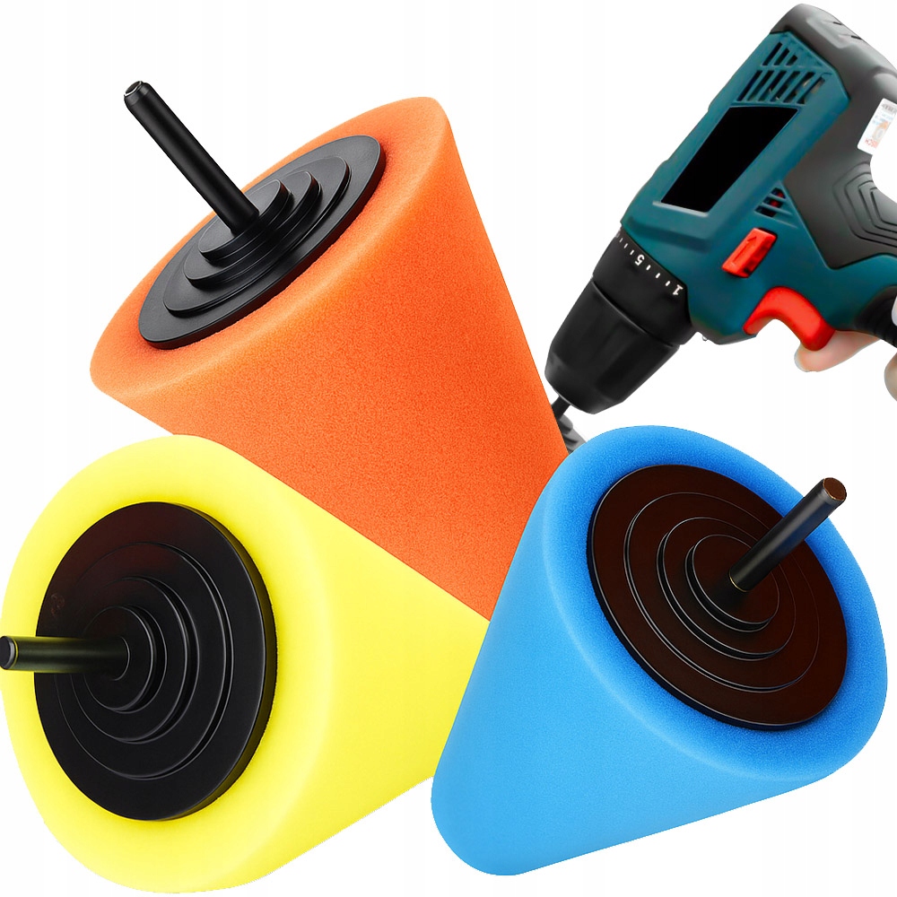 Zestaw 3 Gąbkek Stożków Polerskich Na Wiertarkę Wkrętarkę Do Felg Auta