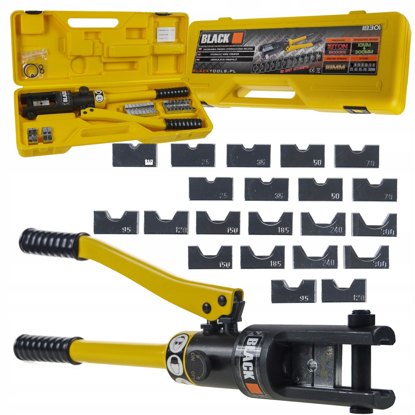ZACISKARKA PRASKA DO KABLI 25-300mm 18T HYDRAULICZNA KOŃCÓWEK + MATRYCE Kolor żółty