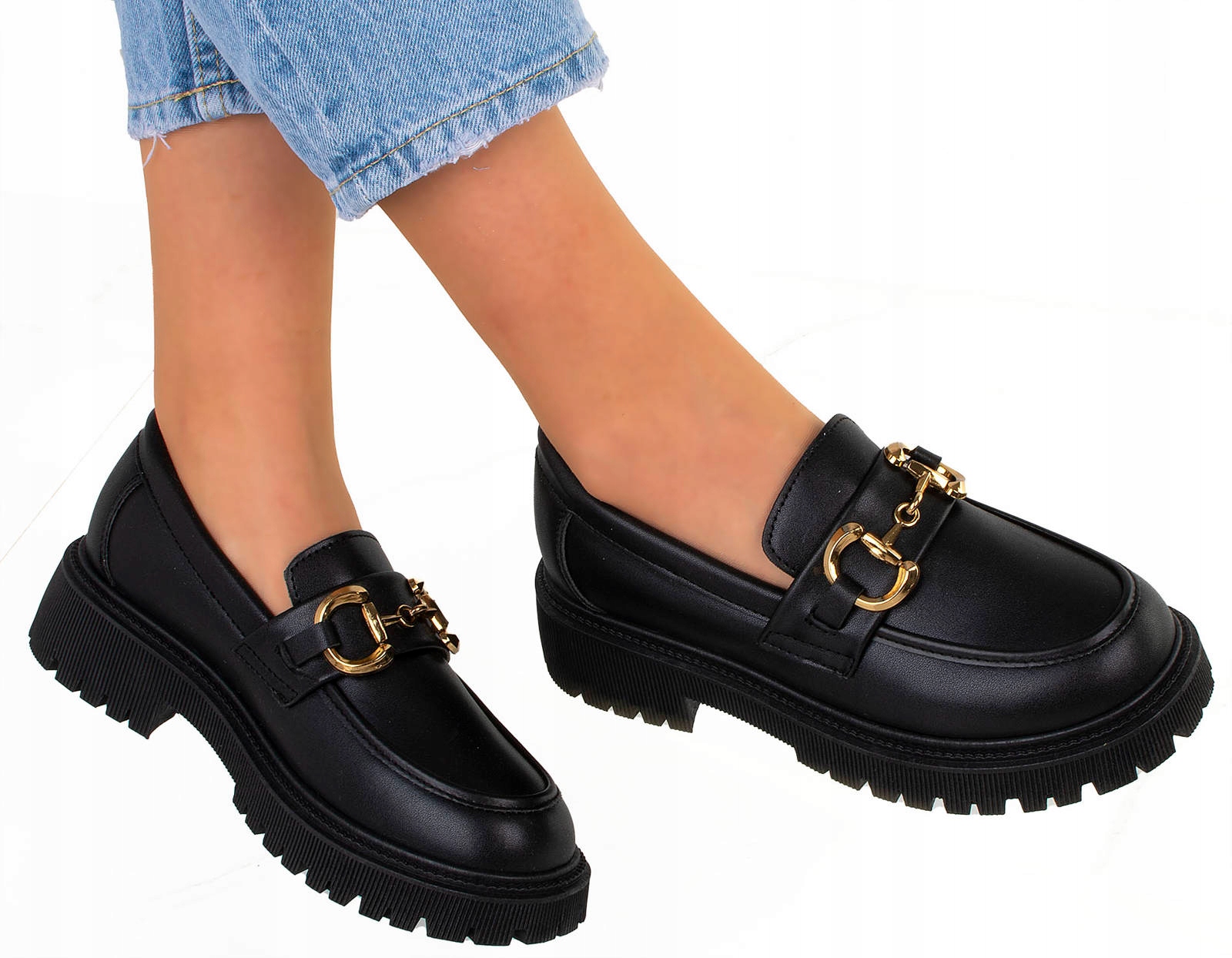 MOKASYNY PÓŁBUTY CZARNE Z ŁAŃCUCHEM MAT 37