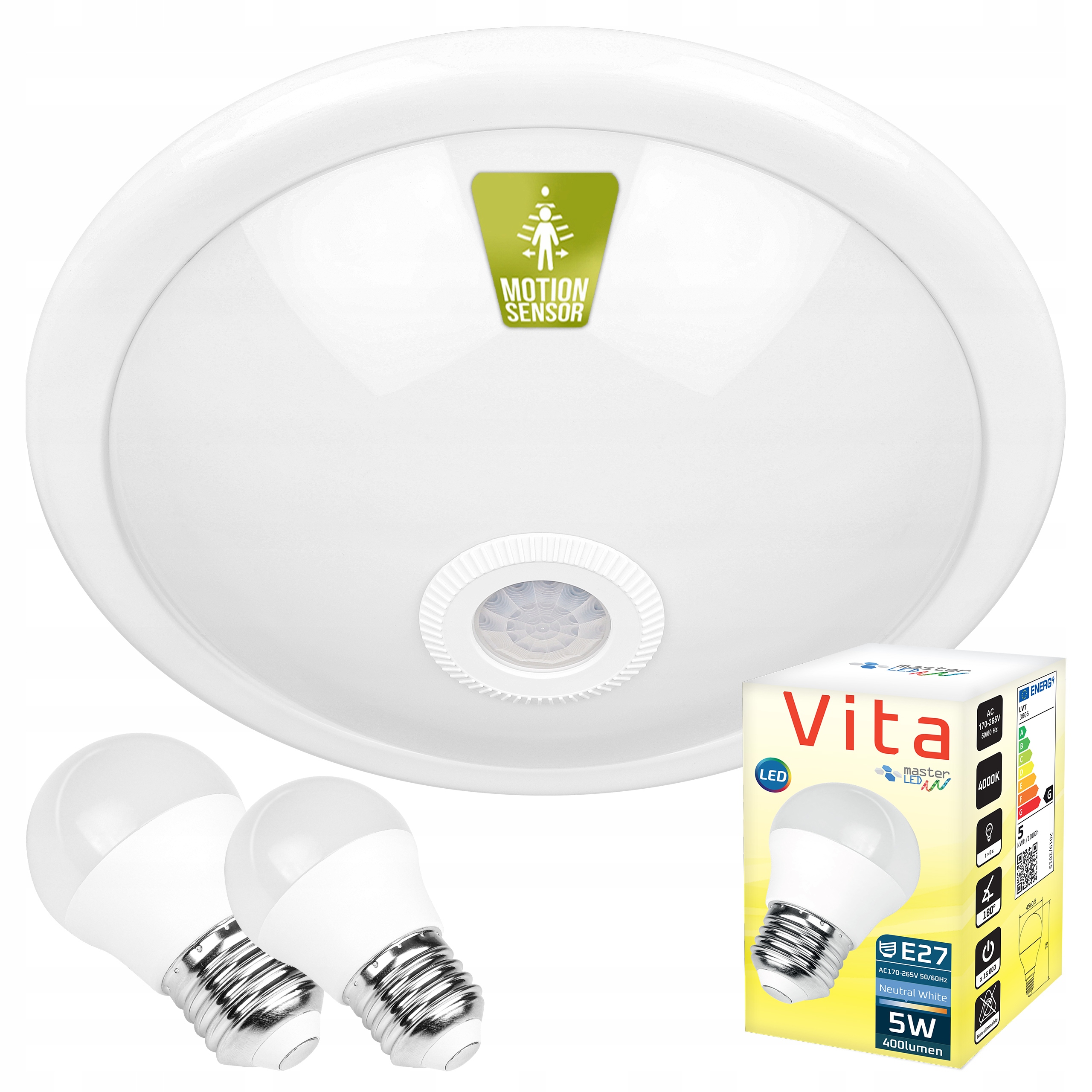 PLAFON LED LAMPA SUFITOWA NATYNKOWA panel CZUJNIK RUCHU + 2x E27 5W ŻARÓWKA