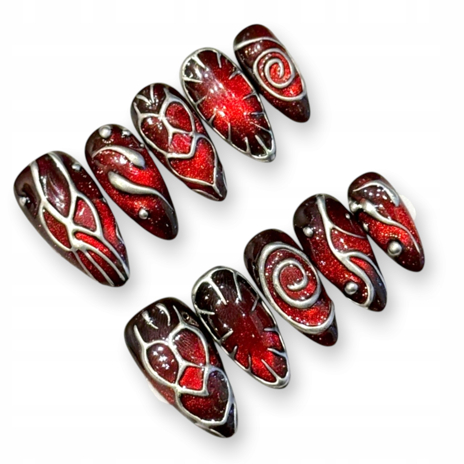 Umělé Nehty Press On Nails Cat Eye Červená Mandle Samolepky, S