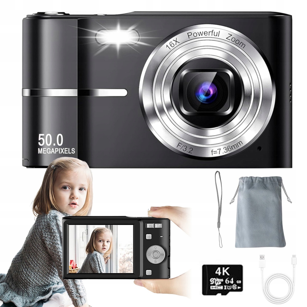 Digitální Fotoaparát Černý Pro Děti Hd 50 Mp 16XZOOM Karta 64 Gb