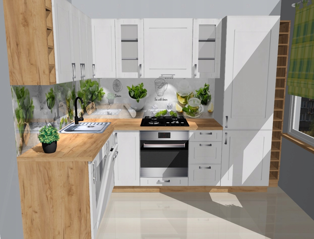 KUCHNIA STYL SKANDYNAWSKI BIAŁA Z DEKOREM DREWNA