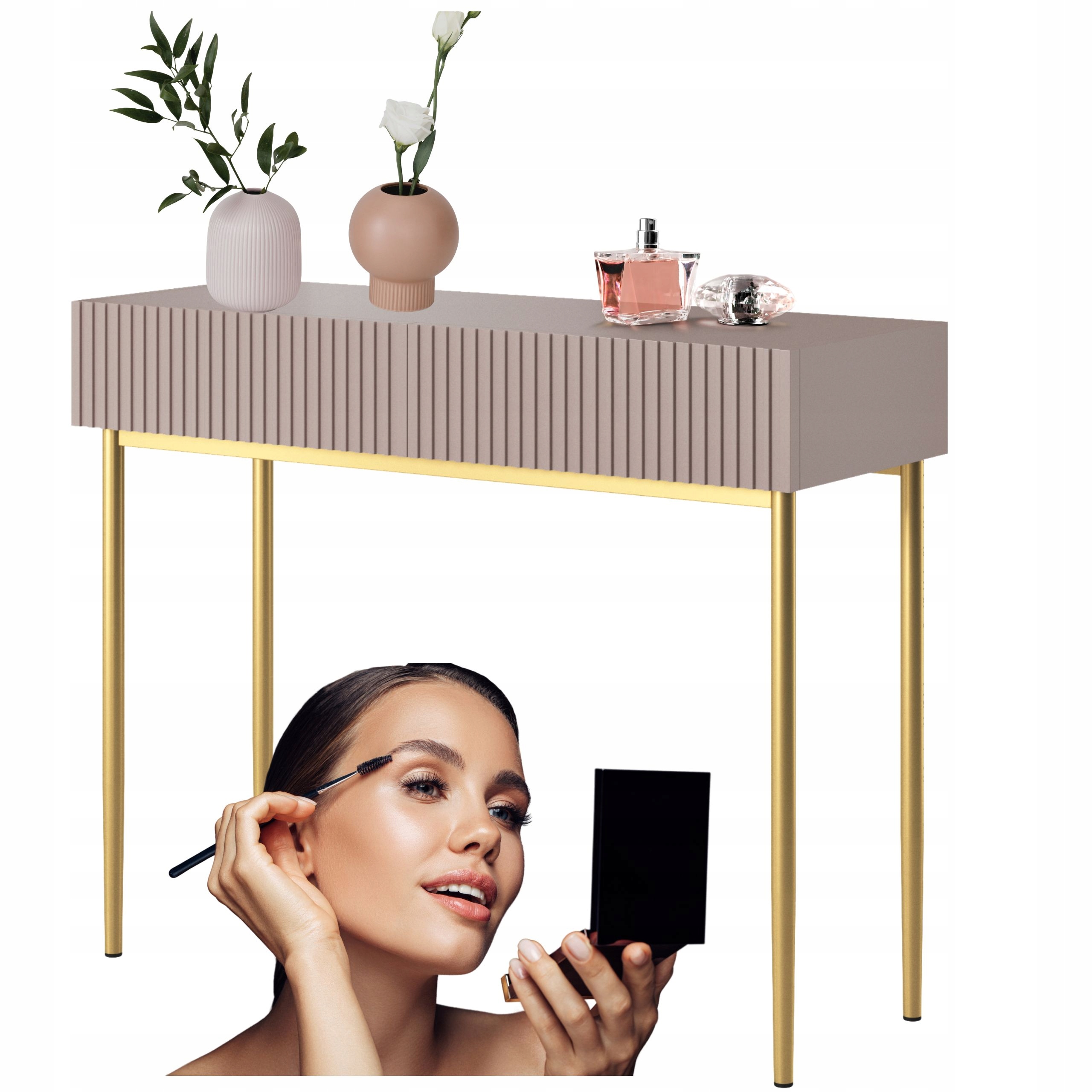 TOALETKA KONSOLA GLAMOUR 2 szuflady REGAŁ BOCZNY NOWOCZESNA złote nóżki