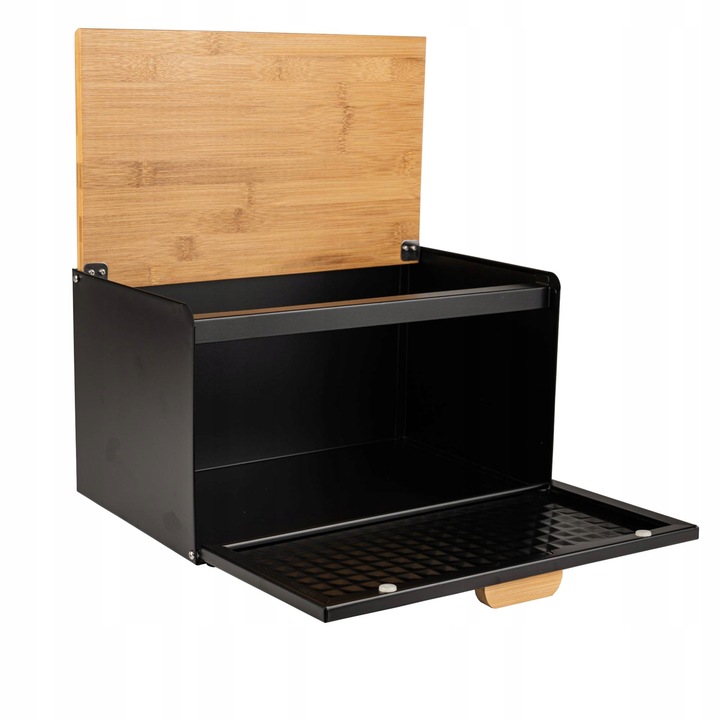 CHLEBAK duży POJEMNIK KUCHENNY ZE STALI NA PIECZYWO CHLEB BAMBUSOWA DESKA Kolor czarny odcienie brązu i beżu