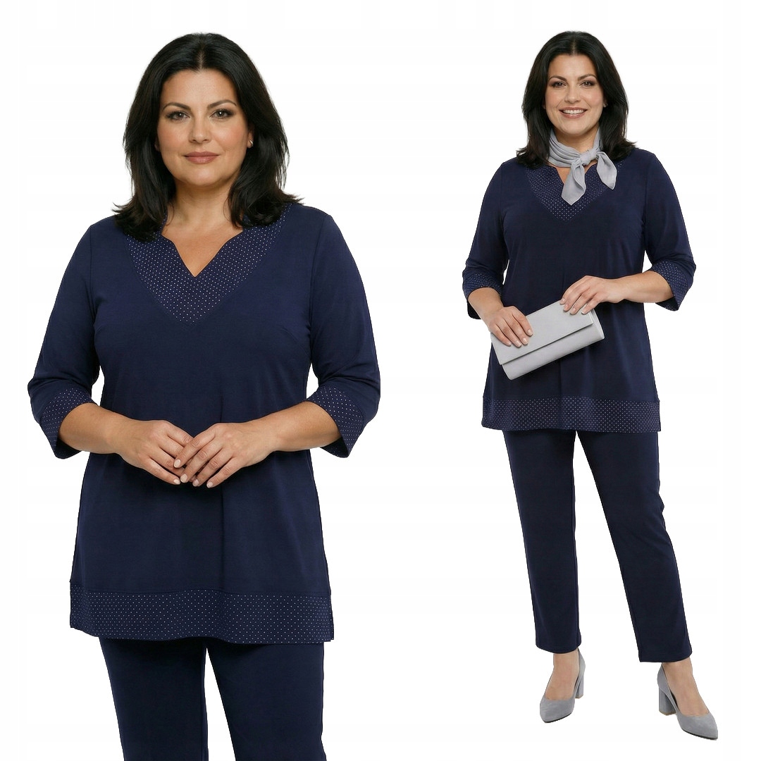 Tmavě modrý komplet s ozdobným výstřihem plus size, velikost 50