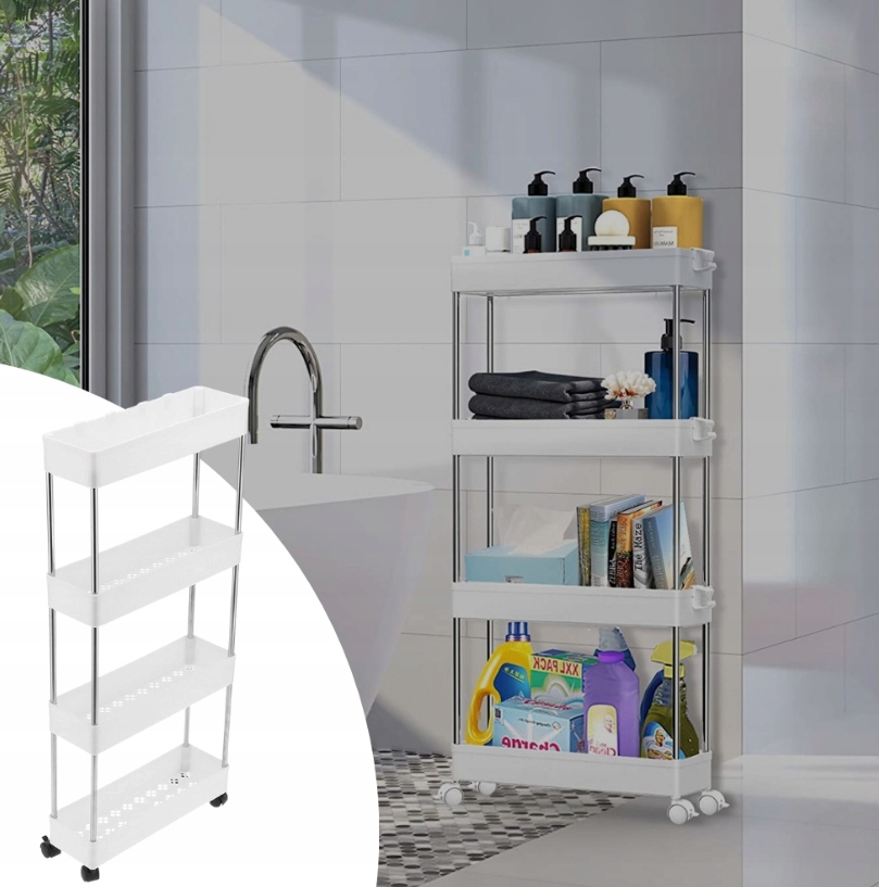 PÓŁKA ŁAZIENKOWA KUCHENNA SZAFKA NA KÓŁKACH REGAŁ 4 POZIOMOWY Z HACZYKAMI Szerokość mebla 38 cm