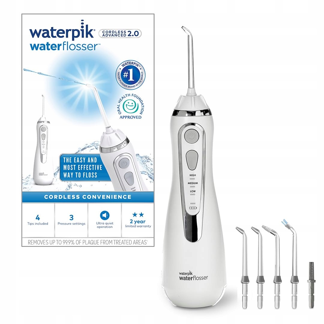 Waterpik bezprzewodowy irygator do zębów 4 końcówki 3 ustawienia biały