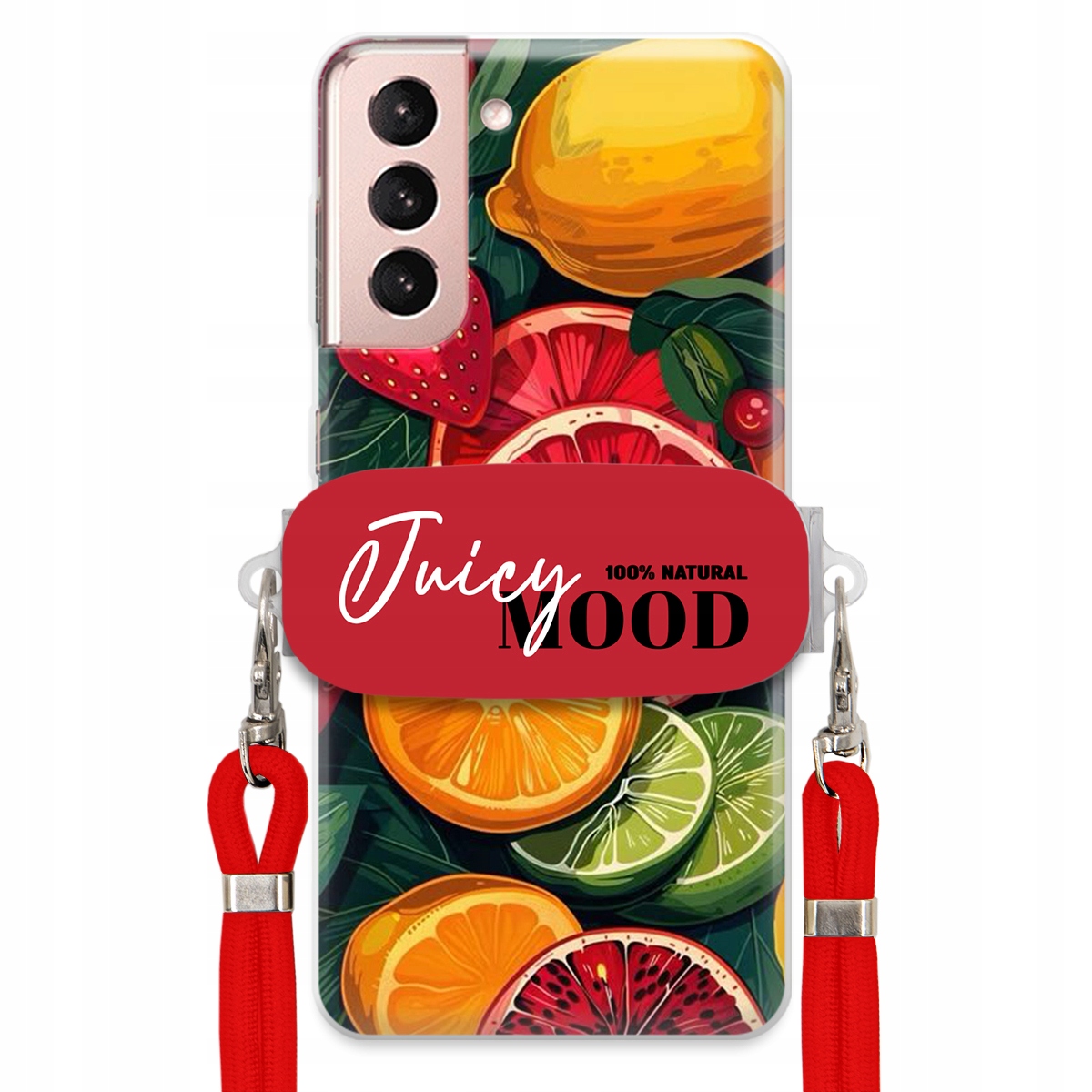 Pouzdro pro Samsung S21 Červené vodítko Crossbody+ Držák Módní Juice Mood Ovoce