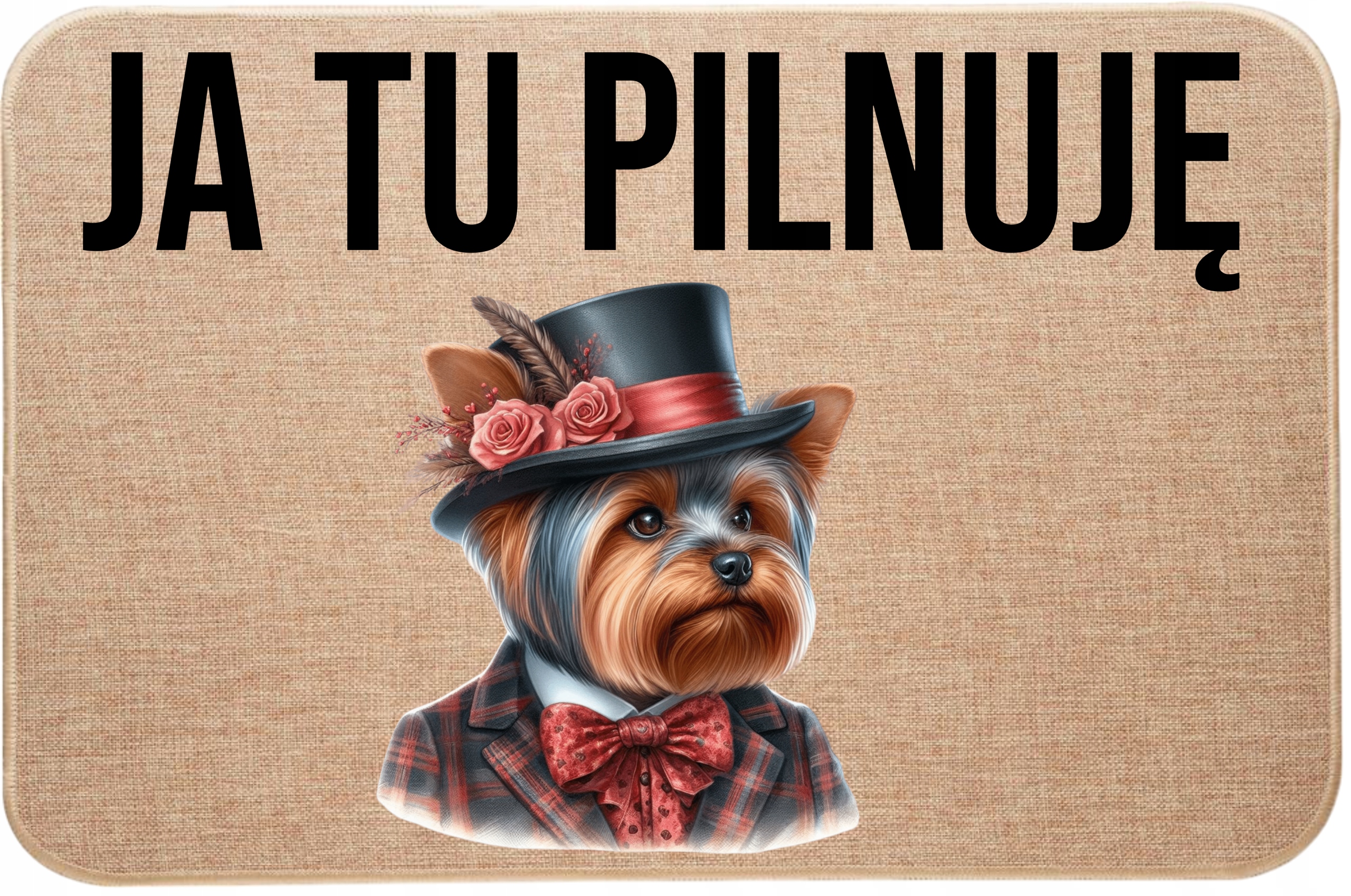 Lněná rohožka před dveřmi Hlídám teriéra Valentýna Srdce