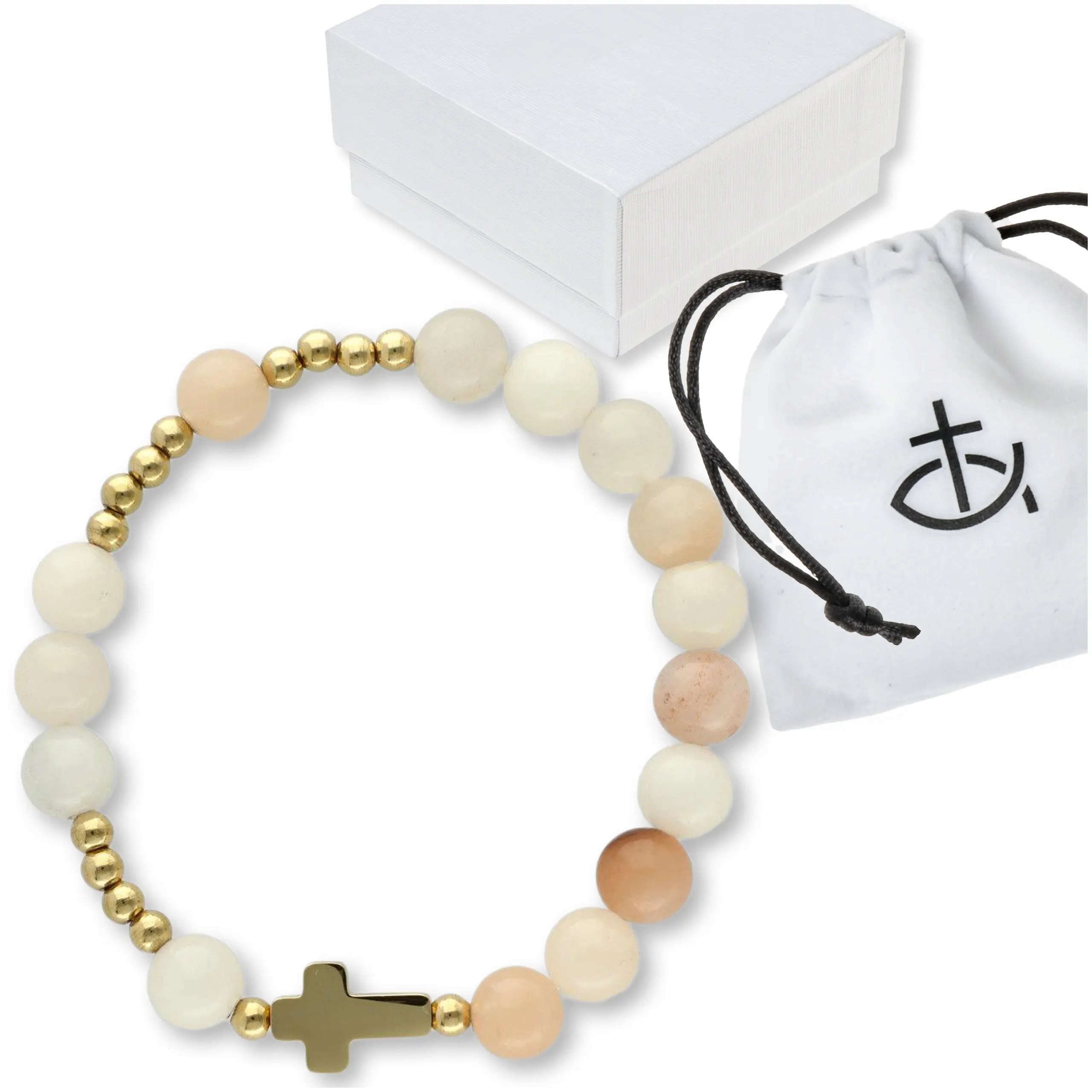 Náramek růženec na ruku z kamenů mušle přírodní zlatá s krabičkou