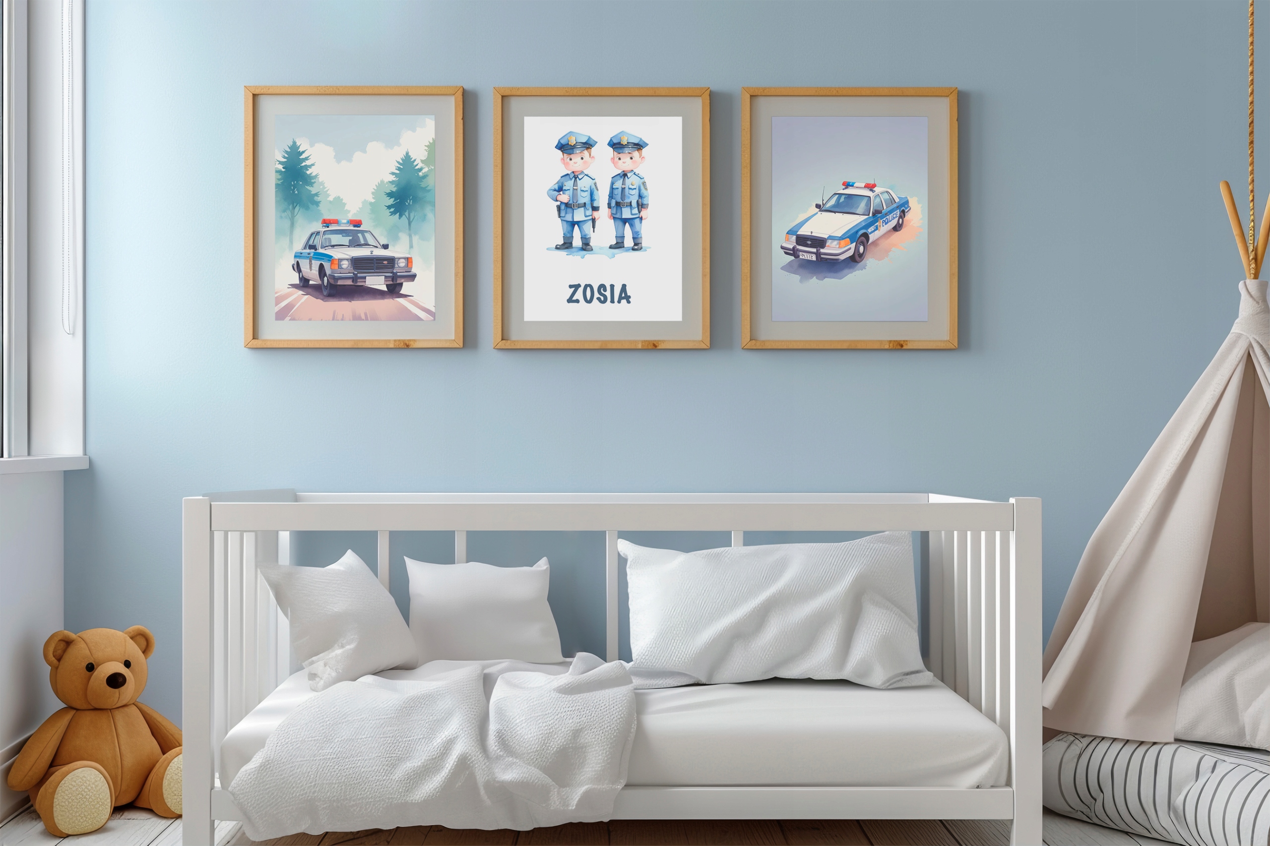 3 OBRAZKI DO POKOJU DZIECIĘCEGO A4 PLAKATY POLICJA BOHO PREZENT IMIE Płeć chłopcy dziewczynki unisex