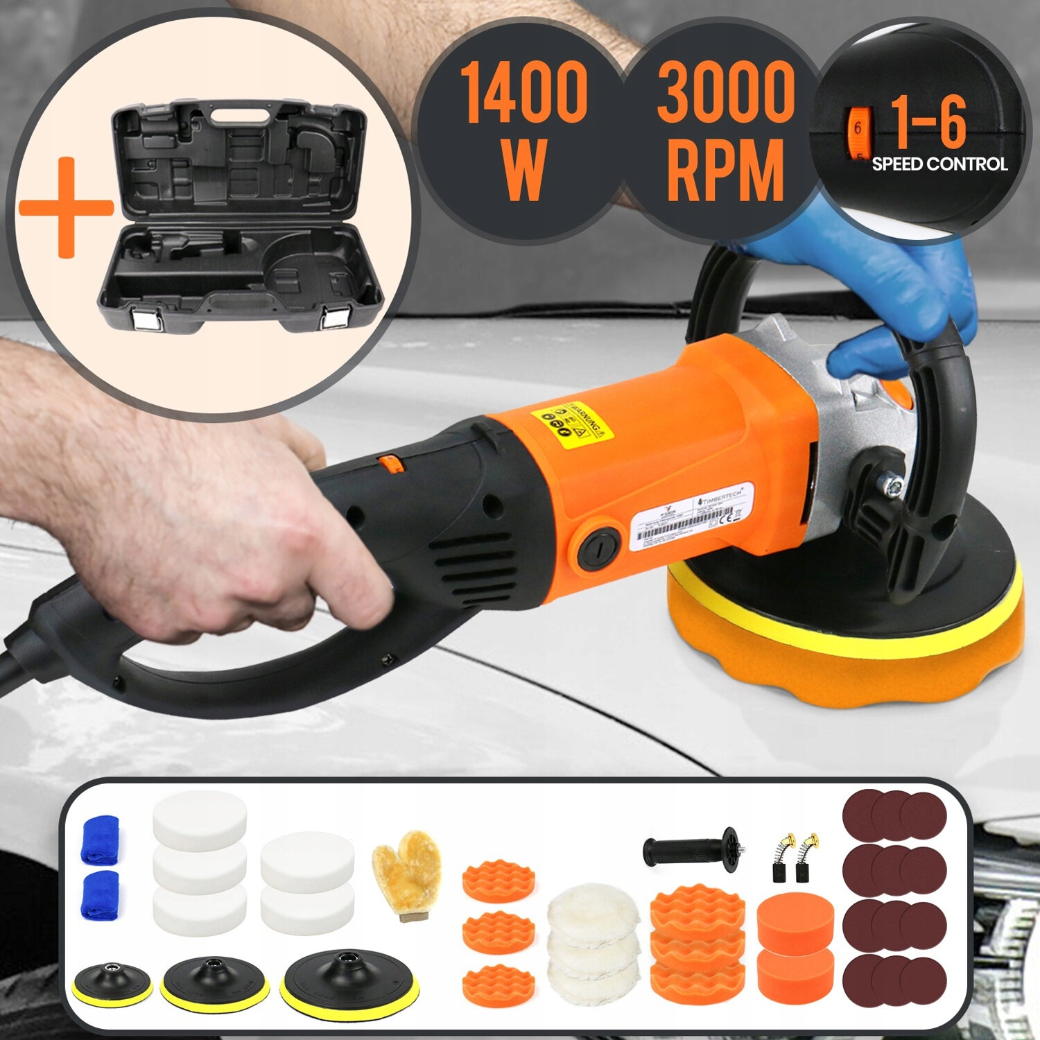 POLERKA SAMOCHODOWA SZLIFIERKA ELEKTRYCZNA MASZYNA POLERSKA + GĄBKI WALIZKA Stan opakowania oryginalne