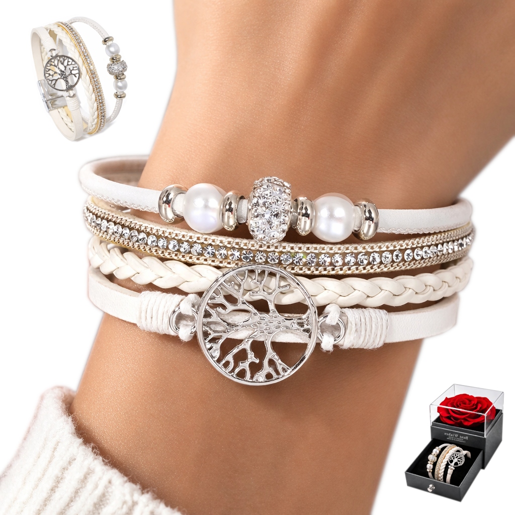 Bransoletka Damska Skórzana Biała z Kryształkami