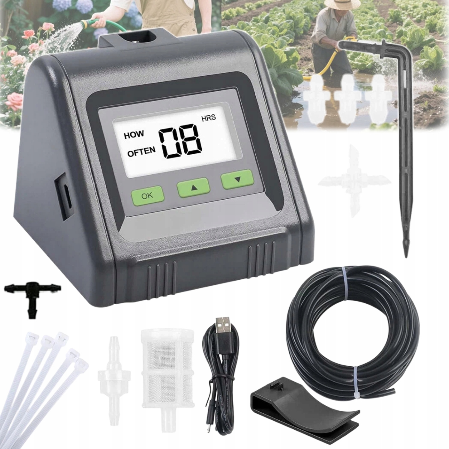 Automatický zavlažovací set pro květináče, časový regulátor, osvětlení