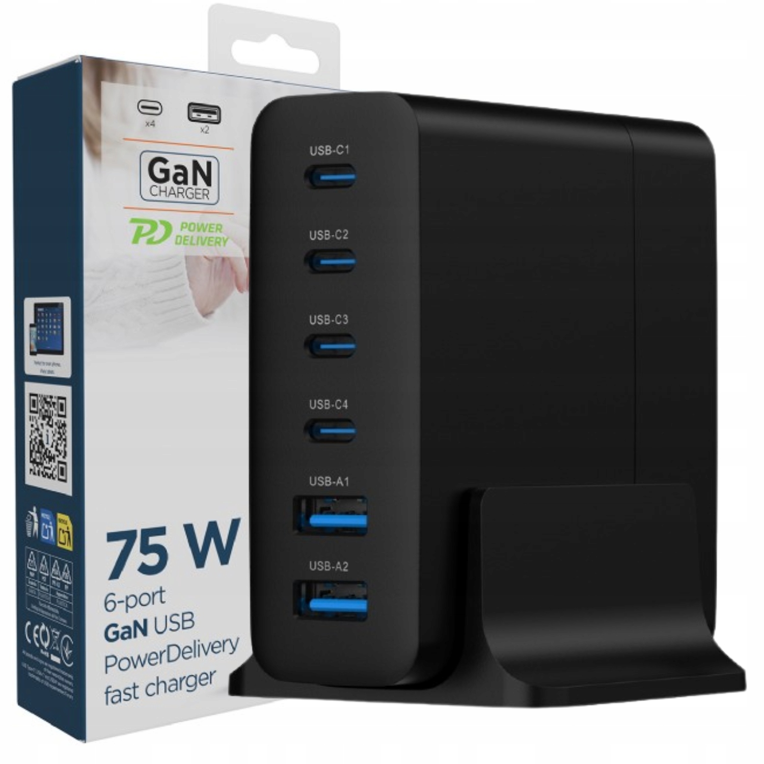 Rychlá nabíječka pro telefon Výkonná 6 portů Usb C 75W 65W 3.0 GaN černá