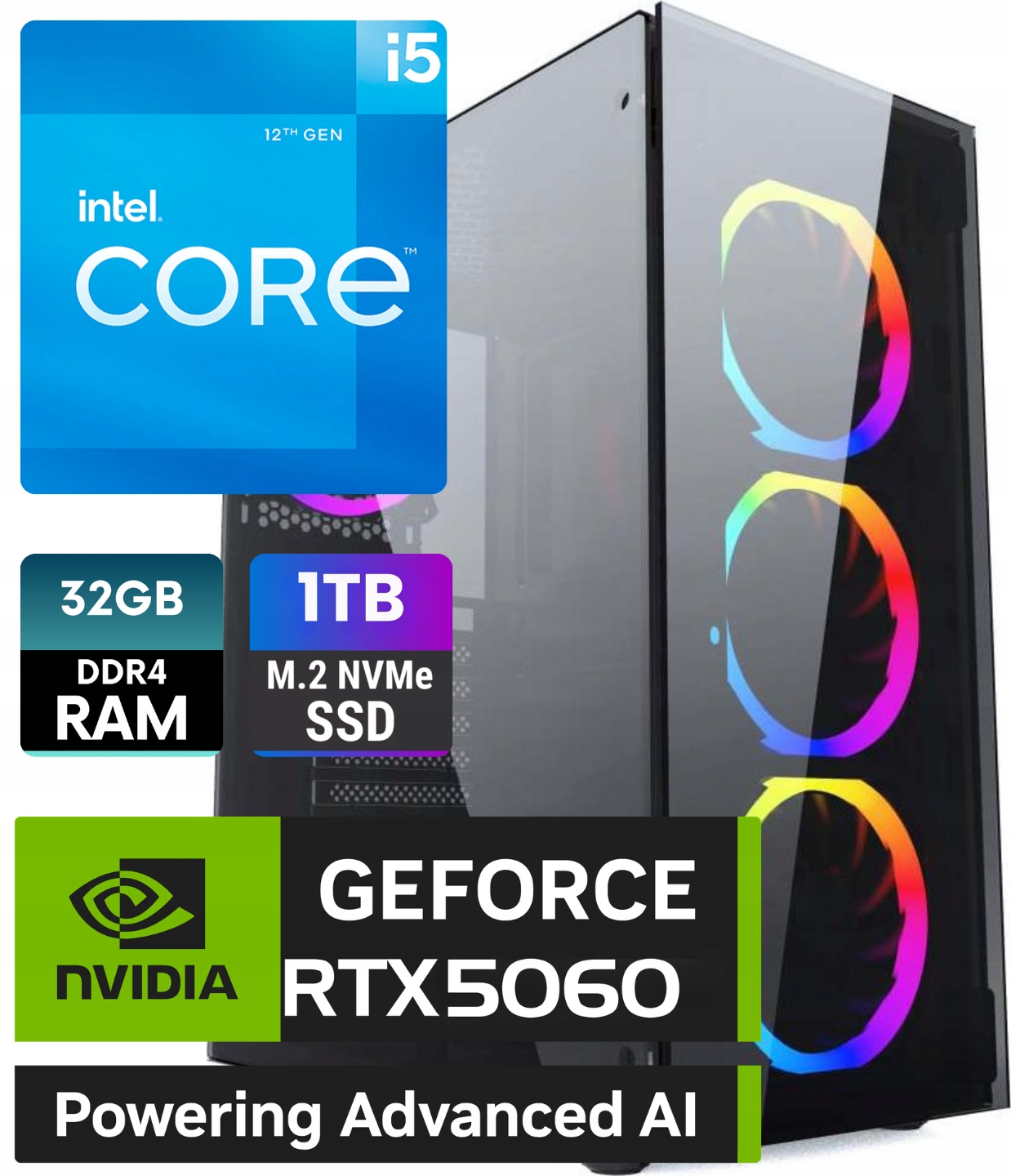 Komputer gamingowy Intel i5 12400F Nvidia Rtx 5060 DDR4 32GB Ssd 1TB Win11