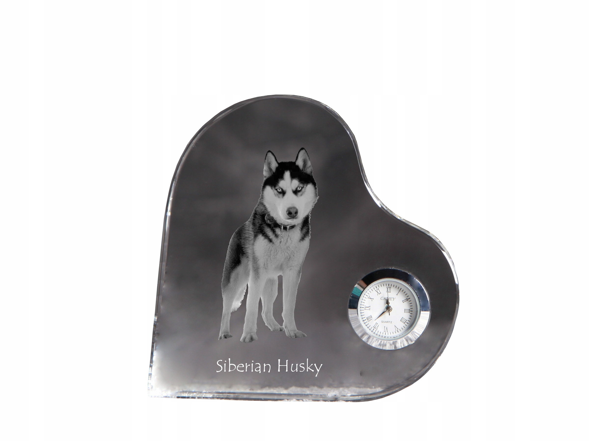 Husky sibírske krištáľové hodiny v tvare srdca s vašou fotografiou