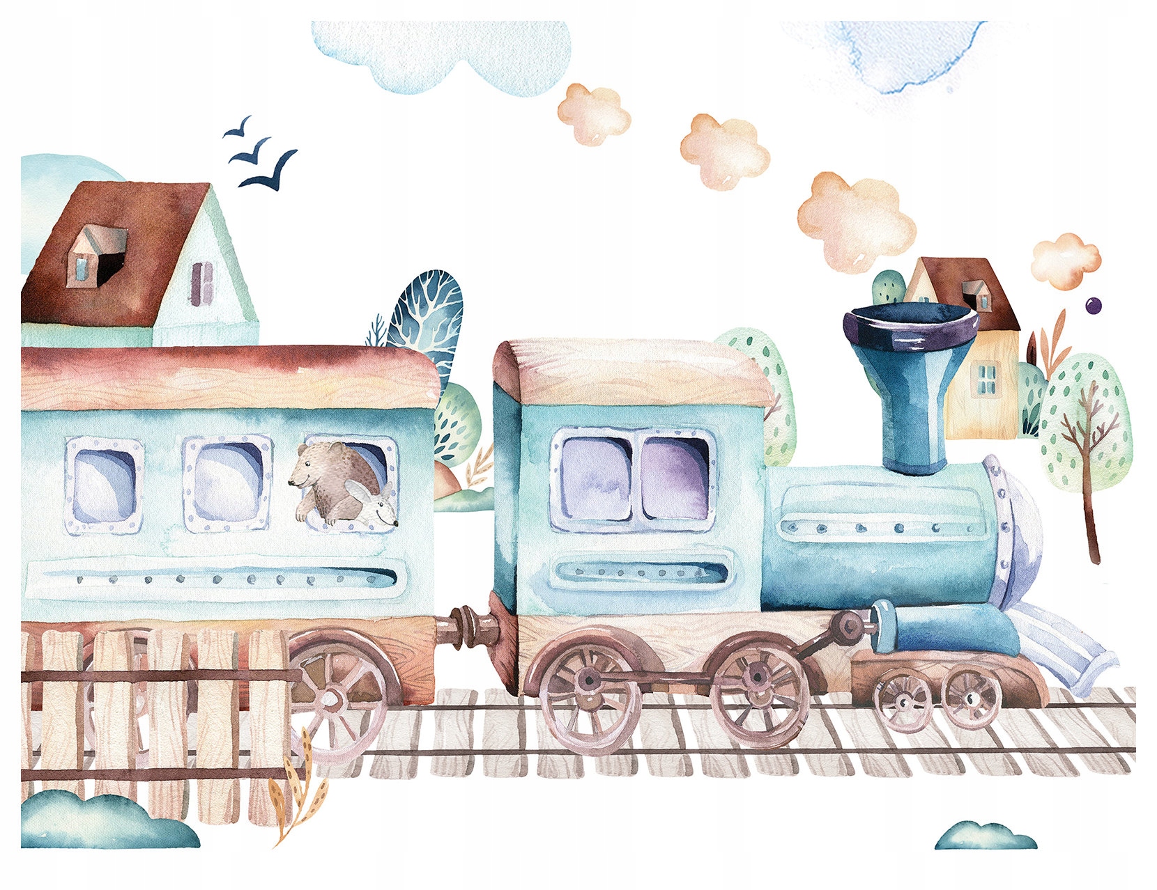 Fototapeta Vlak s medvídkem, akvarel do dětského pokoje 416x254, vinyl lepidlo