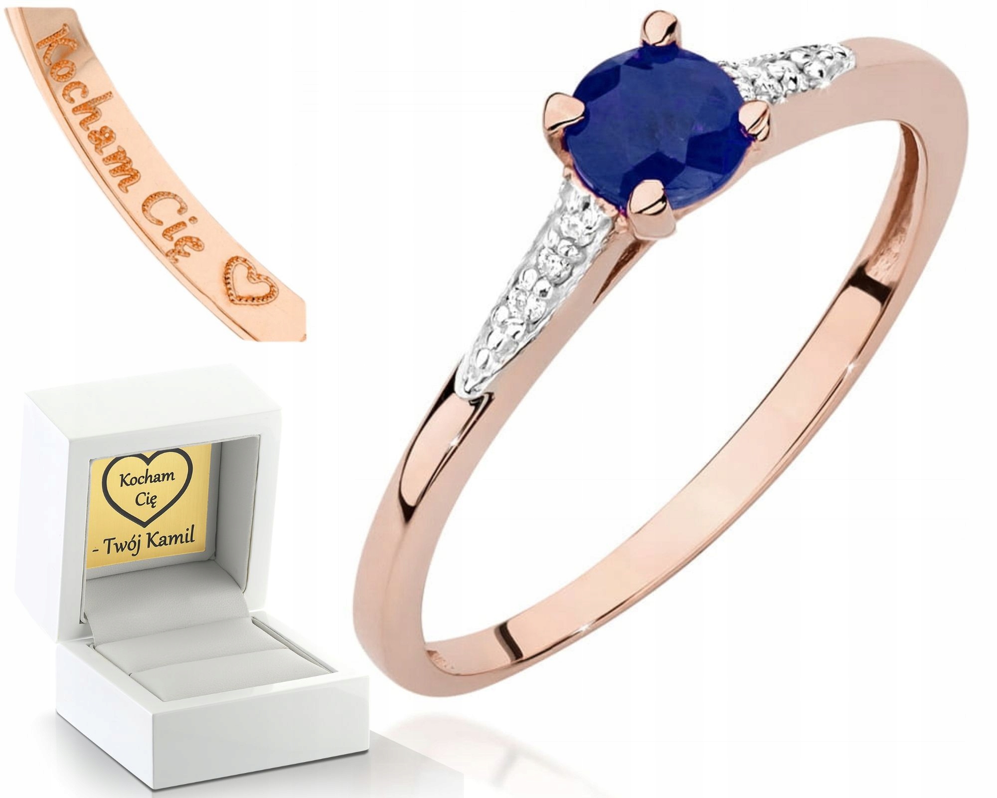 Zlatý Prstýnek Se Safírem A Diamanty, Růžové Zlato Gravírování