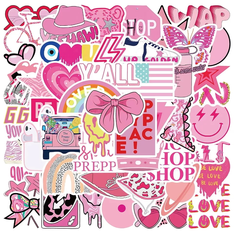 Różowy MIX Pink Shop Naklejki Wlepki Ozdobne Wodoodporne 50szt