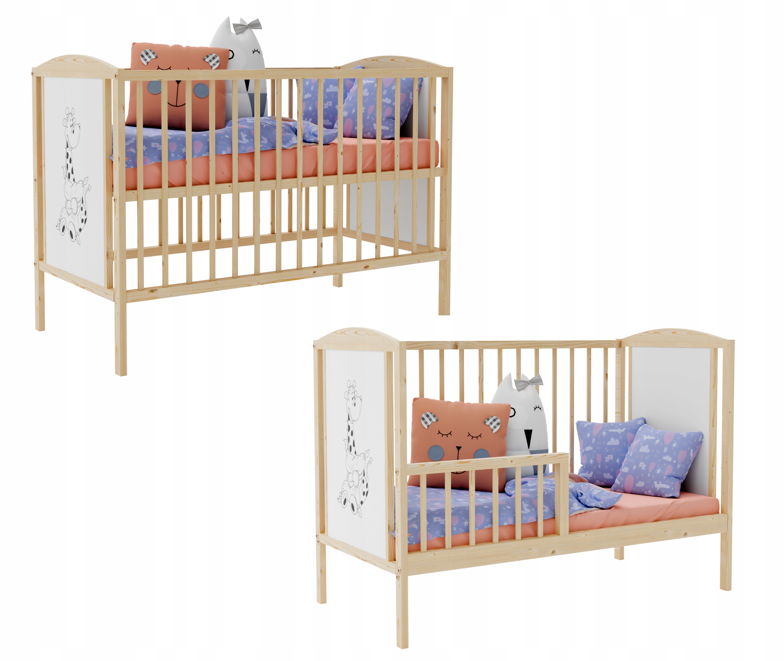 Łóżeczko BAJKA SOSNA ŻYRAFA B/SZ z barierką tapczanik