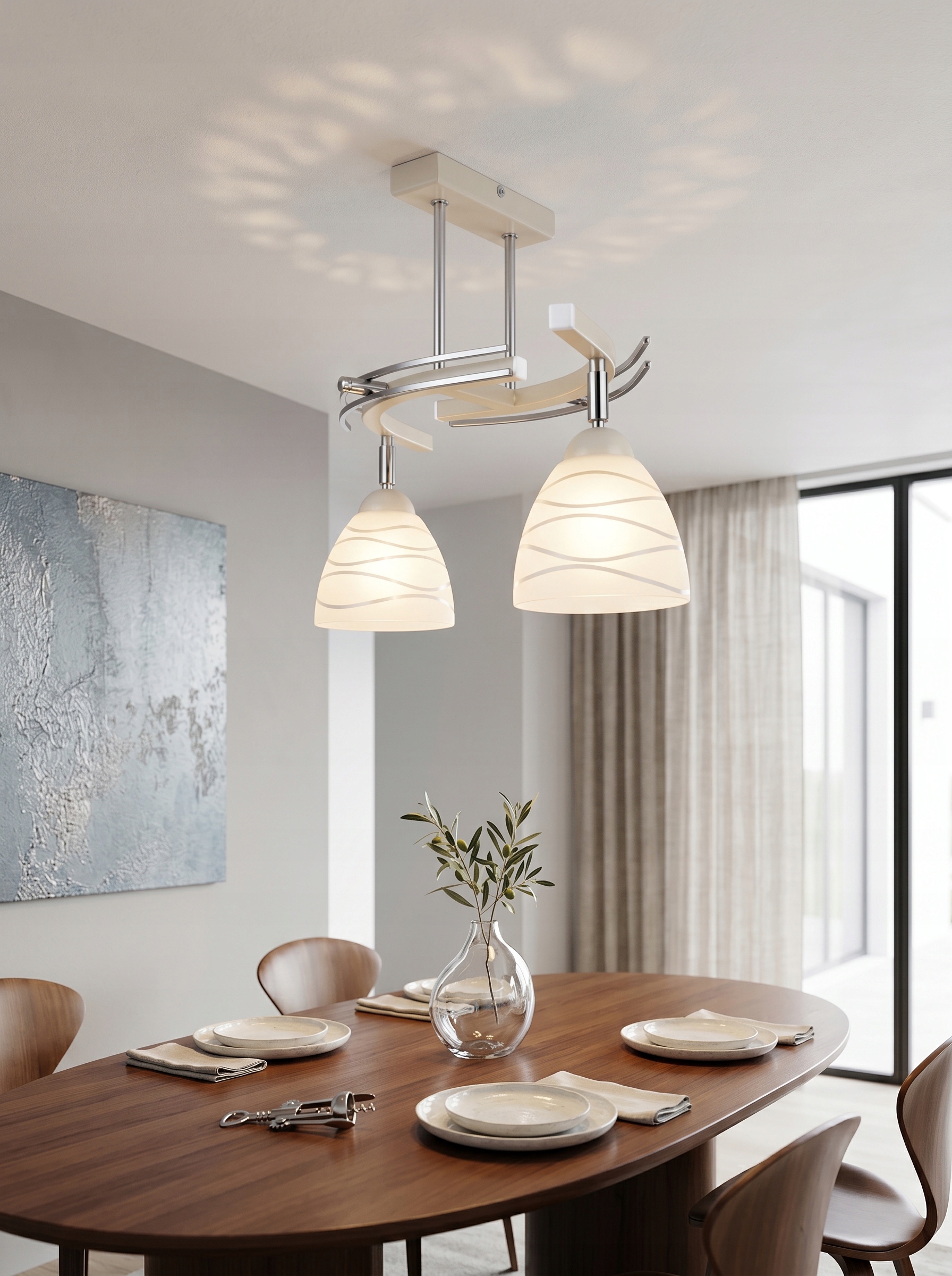 Stropná Lampa Luster Fiona 2 Béžová 2x E27 Euro-lamp Klosz Biely S Prúžkami