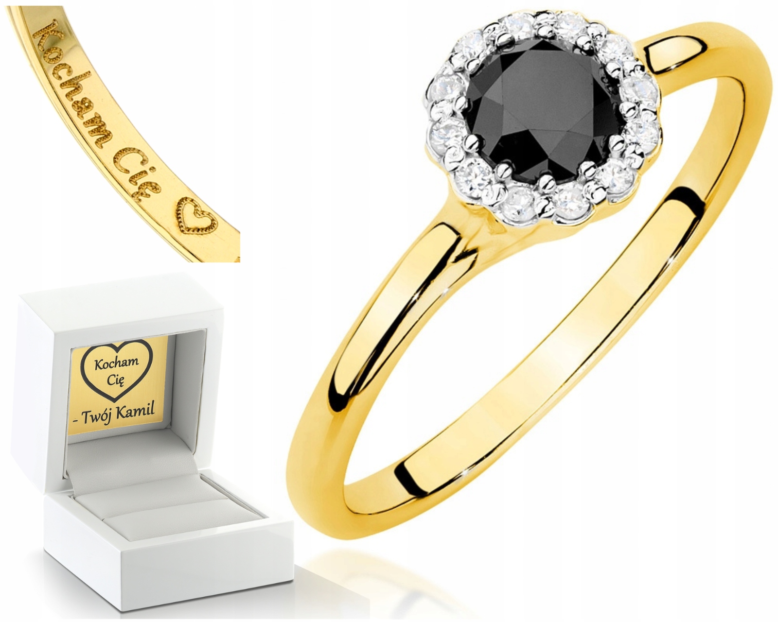 Zlatý Prstýnek Černé Brilianty Gravírování 0.585
