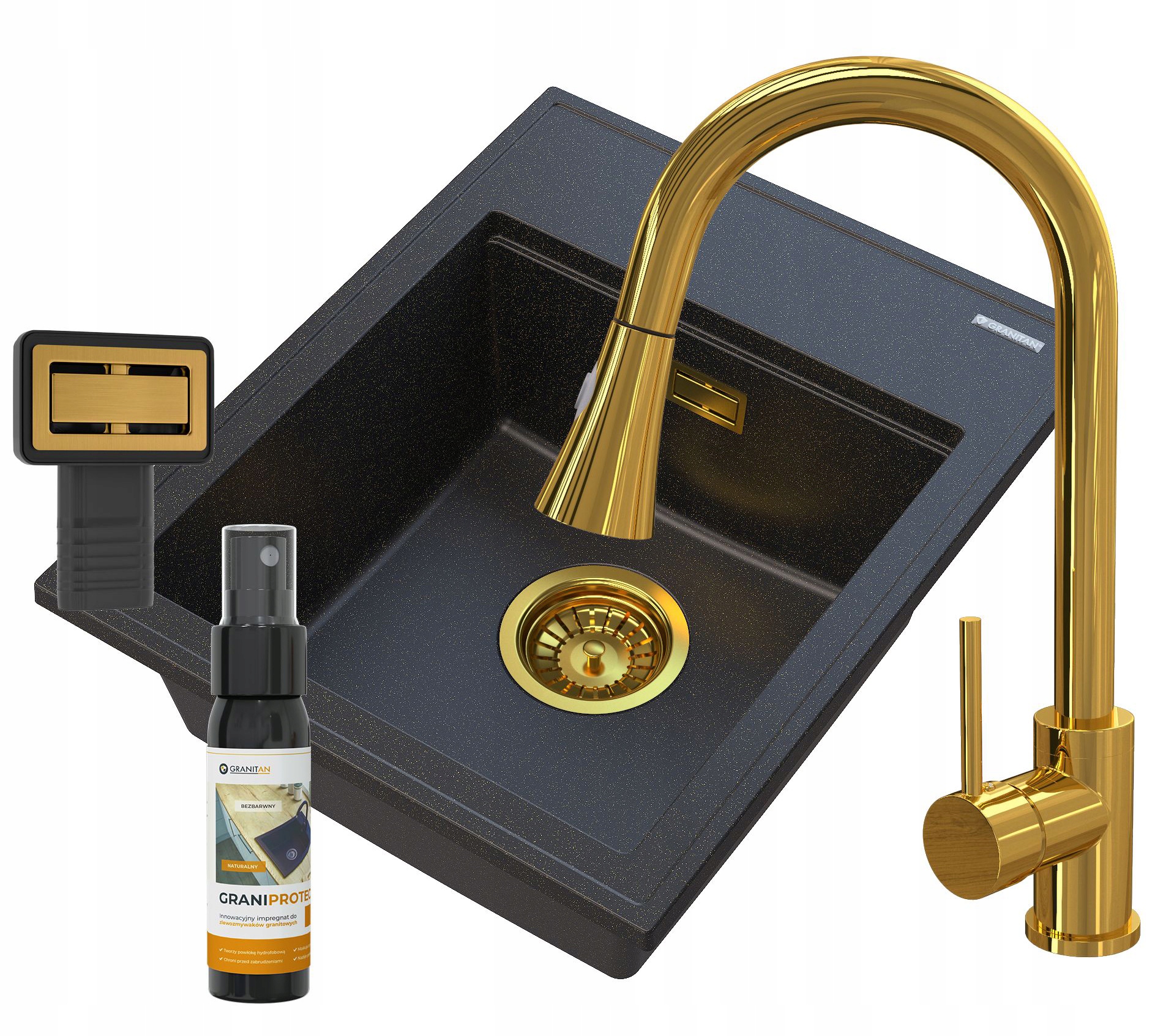 Granitový Drez Čierny, Zlatý Alorový Set