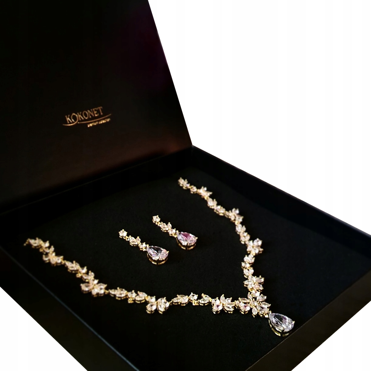 KOMPLET złoty ŚLUBNY kwiaty cyrkonie błyszczący Kolekcja FLORAL