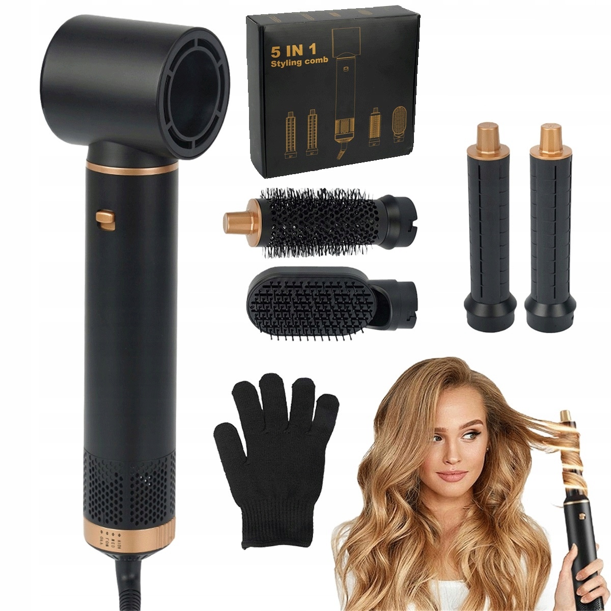 Styler na vlasy 5v1 černý s ionizací a 5 vyměnitelnými nástavci