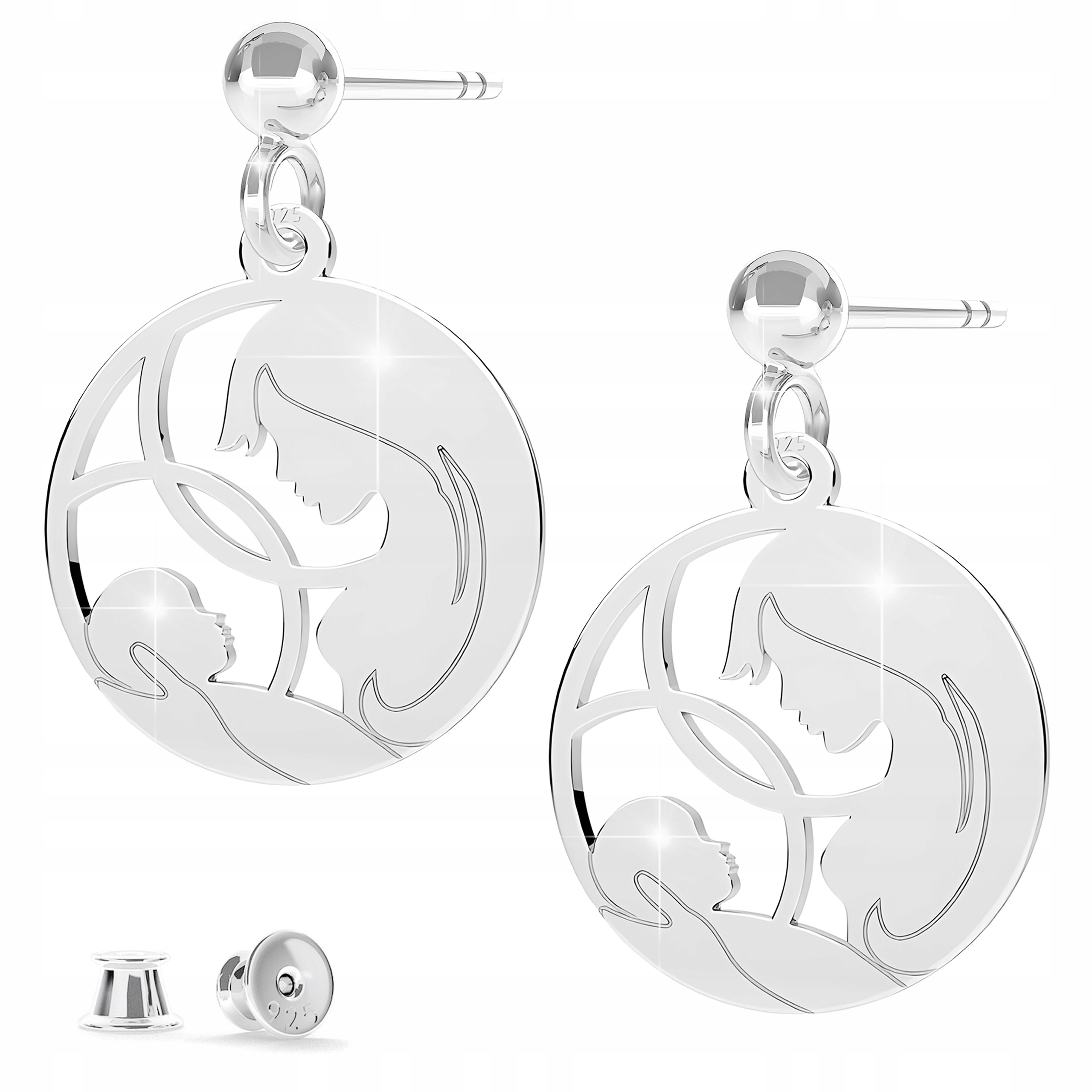 Stříbrné Náušnice 925 Visací Máma Šroubovací Matka s Dítětem Kulaté Plíšky