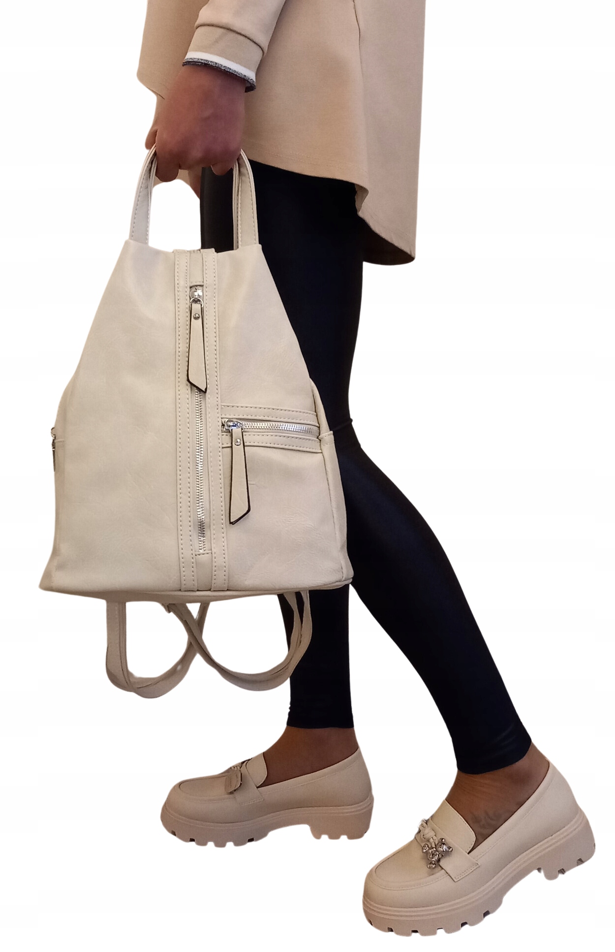 Torebko Plecak Damski Torebka 2W1 Miejska Klasyczna Beżowa