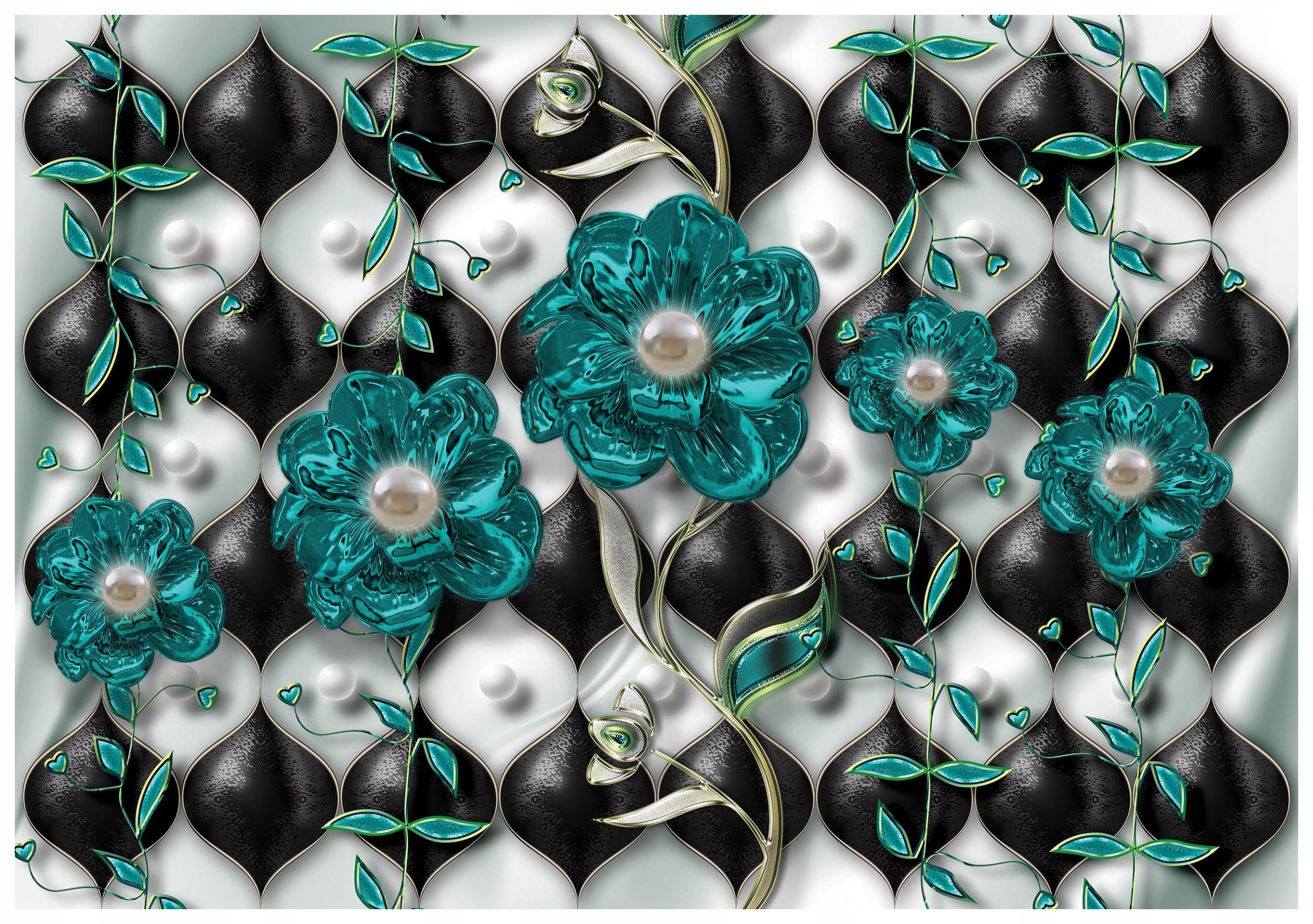 Tapeta Květiny tyrkysová perla šachovnice pozadí stříbro 520x318 gradient lepidlo
