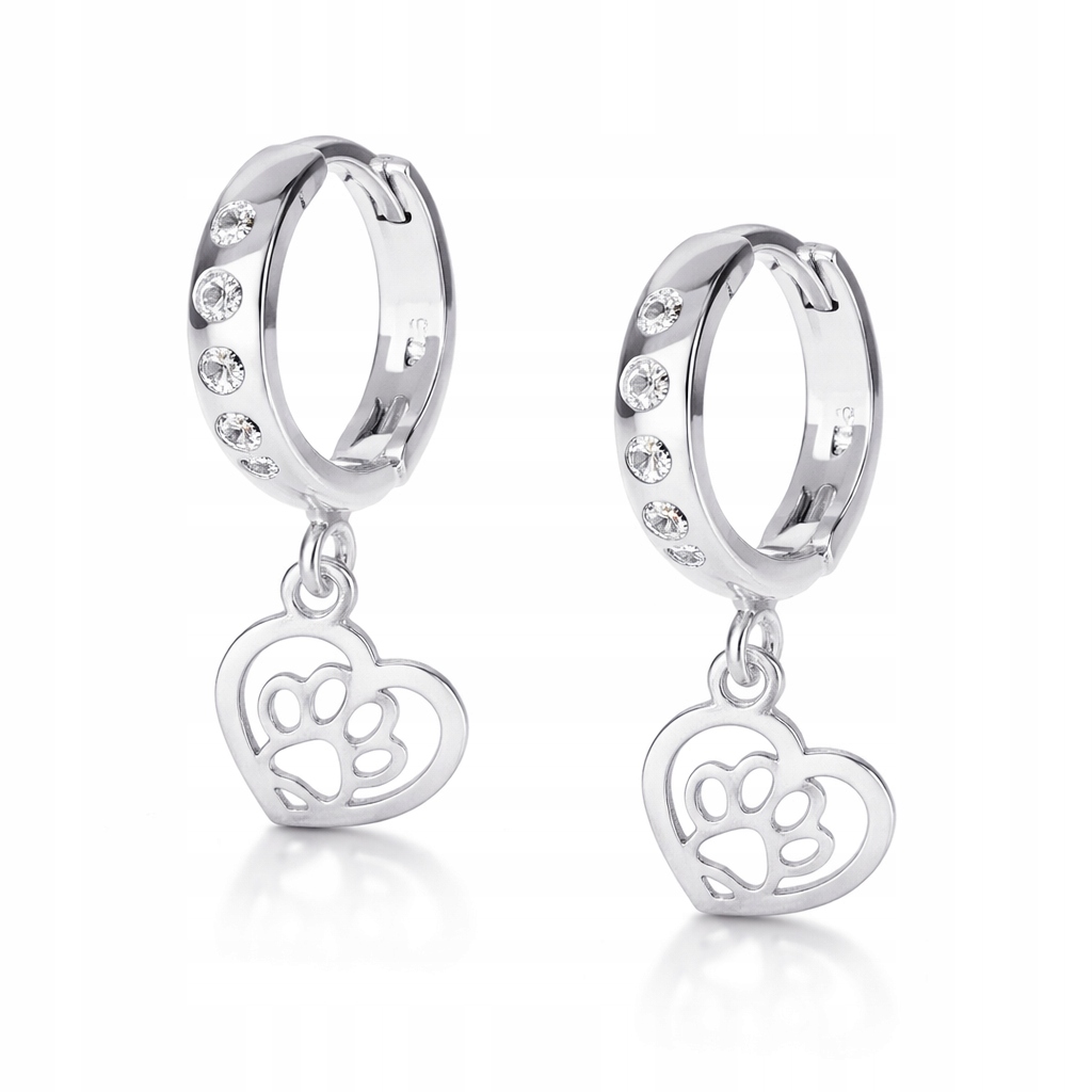 Stříbrné 925 náušnice pouta Pes tlapka v srdci Minimalistický styl