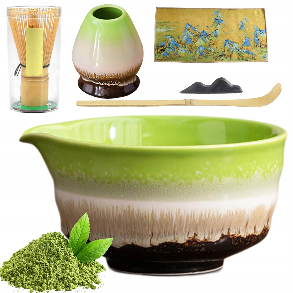 Sada na čaj Matcha Keramická mísa a bambusová metla 6 dílů
