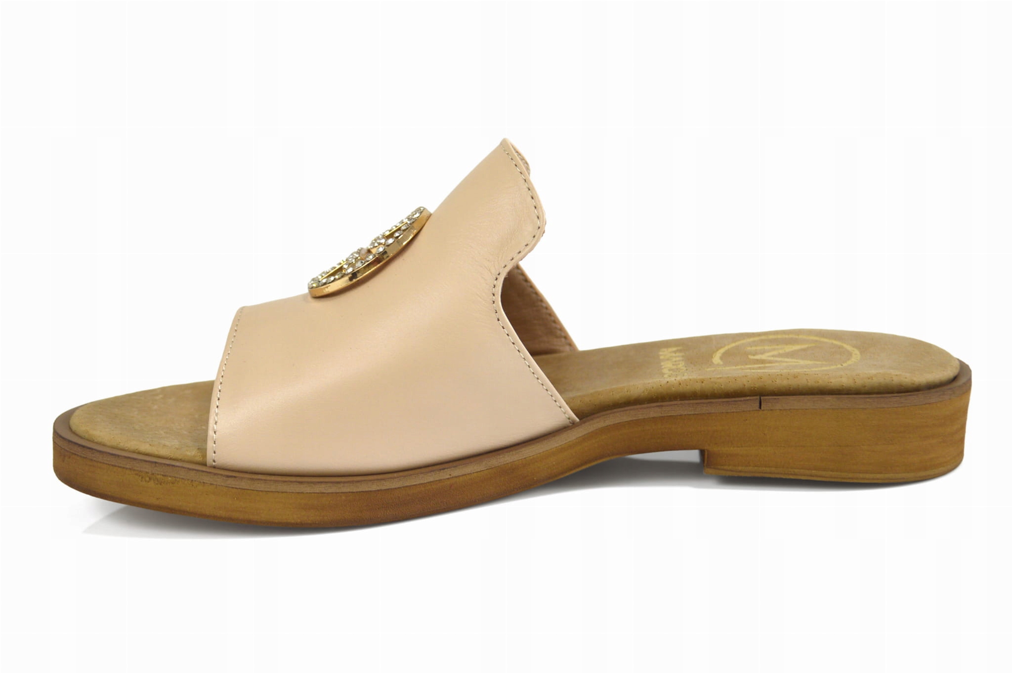 Beżowe klapki skórzane licowe z ozdobą - 36, Beżowy Płeć kobieta