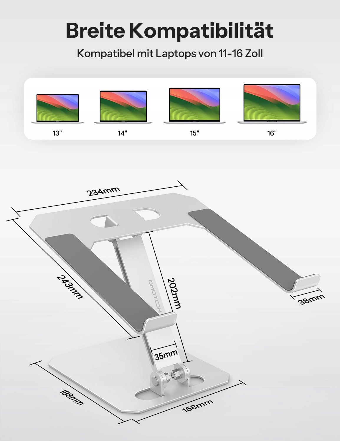 OMOTON REGULOWANY ALUMINIOWY STOJAK NA LAPTOPA MACBOOK SAMSUNG SREBRNY — miniatura 6