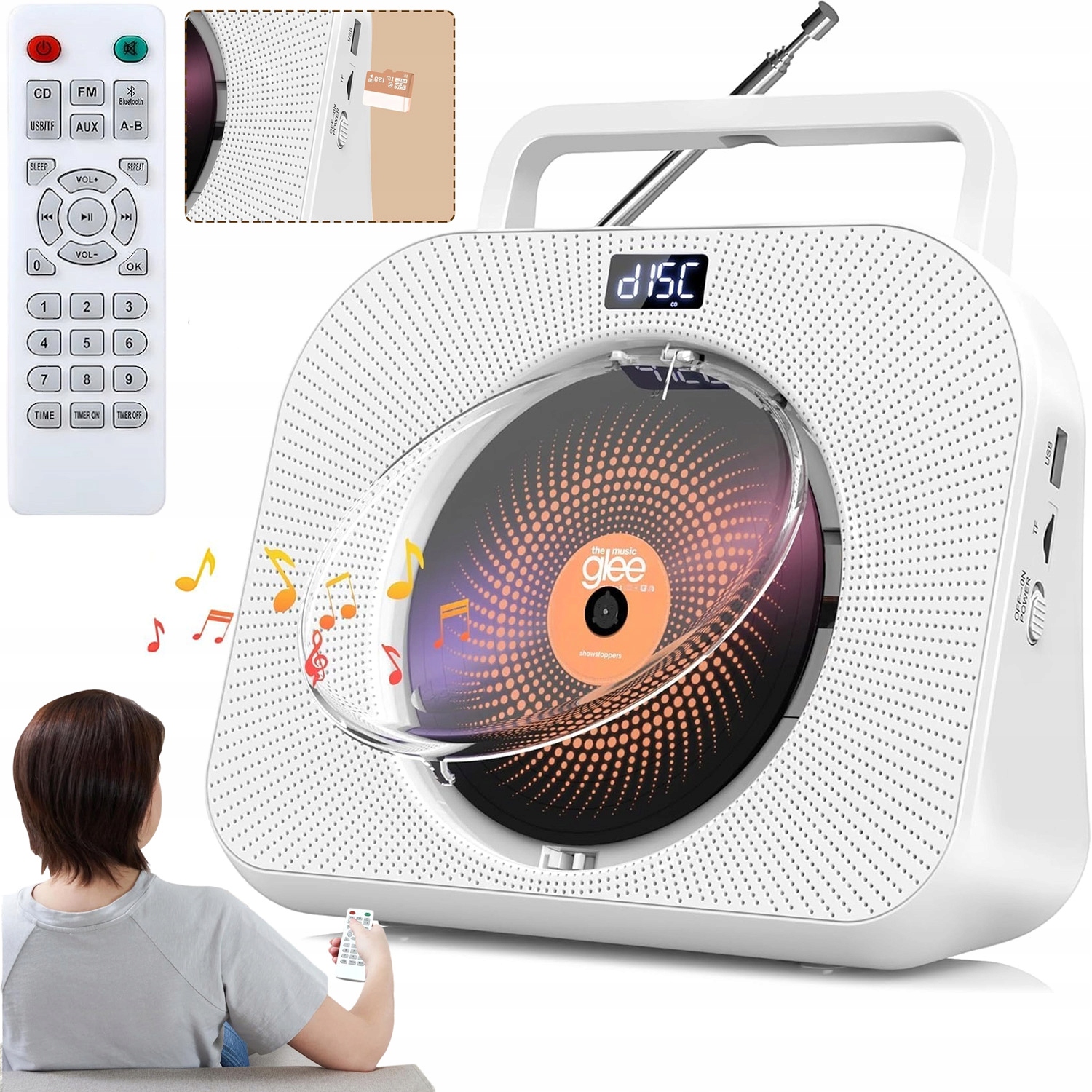 Přenosný CD Přehrávač Discman Bluetooth Aux Reproduktory Vysílač S Časovačem