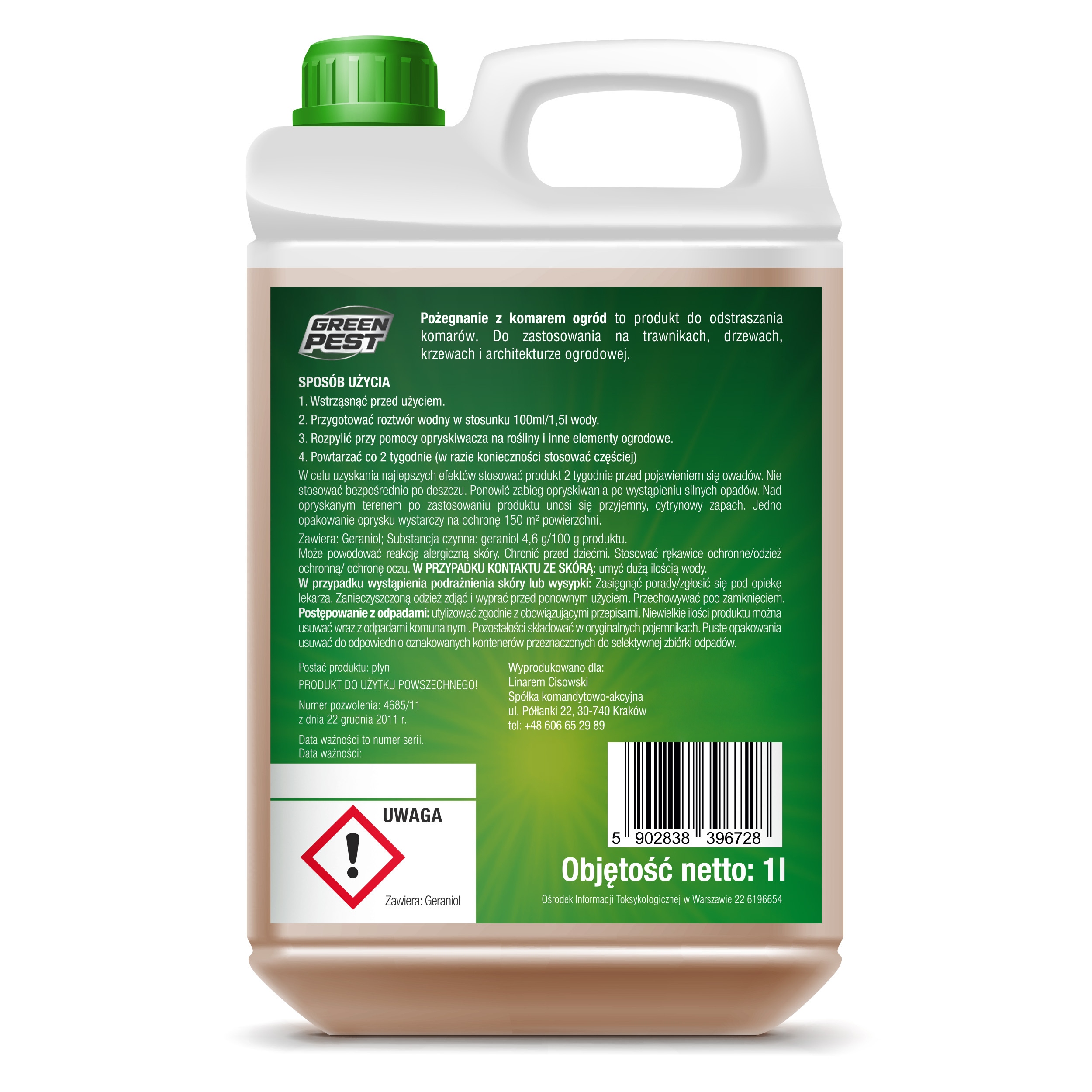 ŚRODEK OPRYSK PŁYN PREPARAT NA KOMARY MUCHY PRZECIW KOMAROM GREEN PEST 1L Producent inna