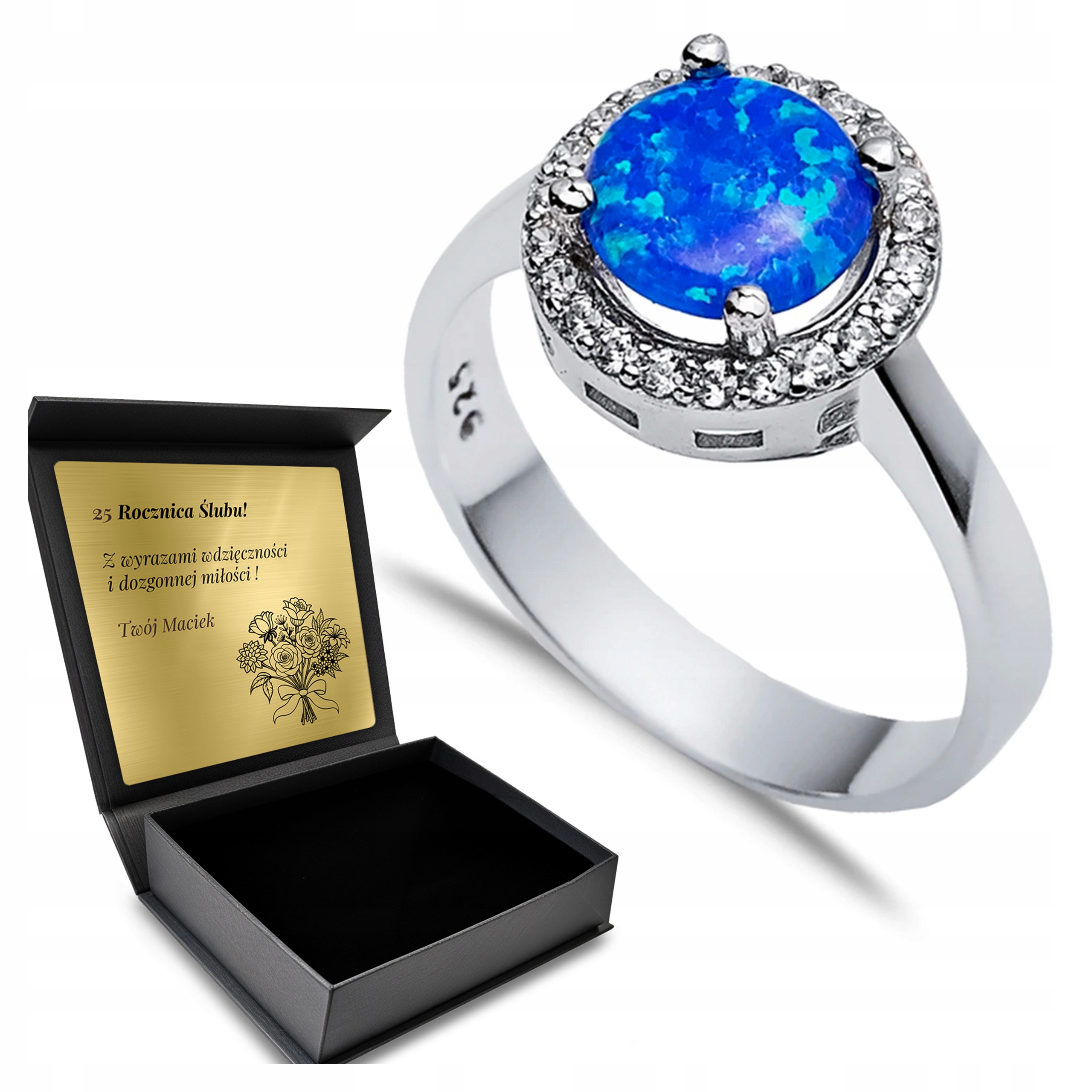 Prstýnek 925 Zirkony Opal Dárek pro ženu Gravírování Bonus