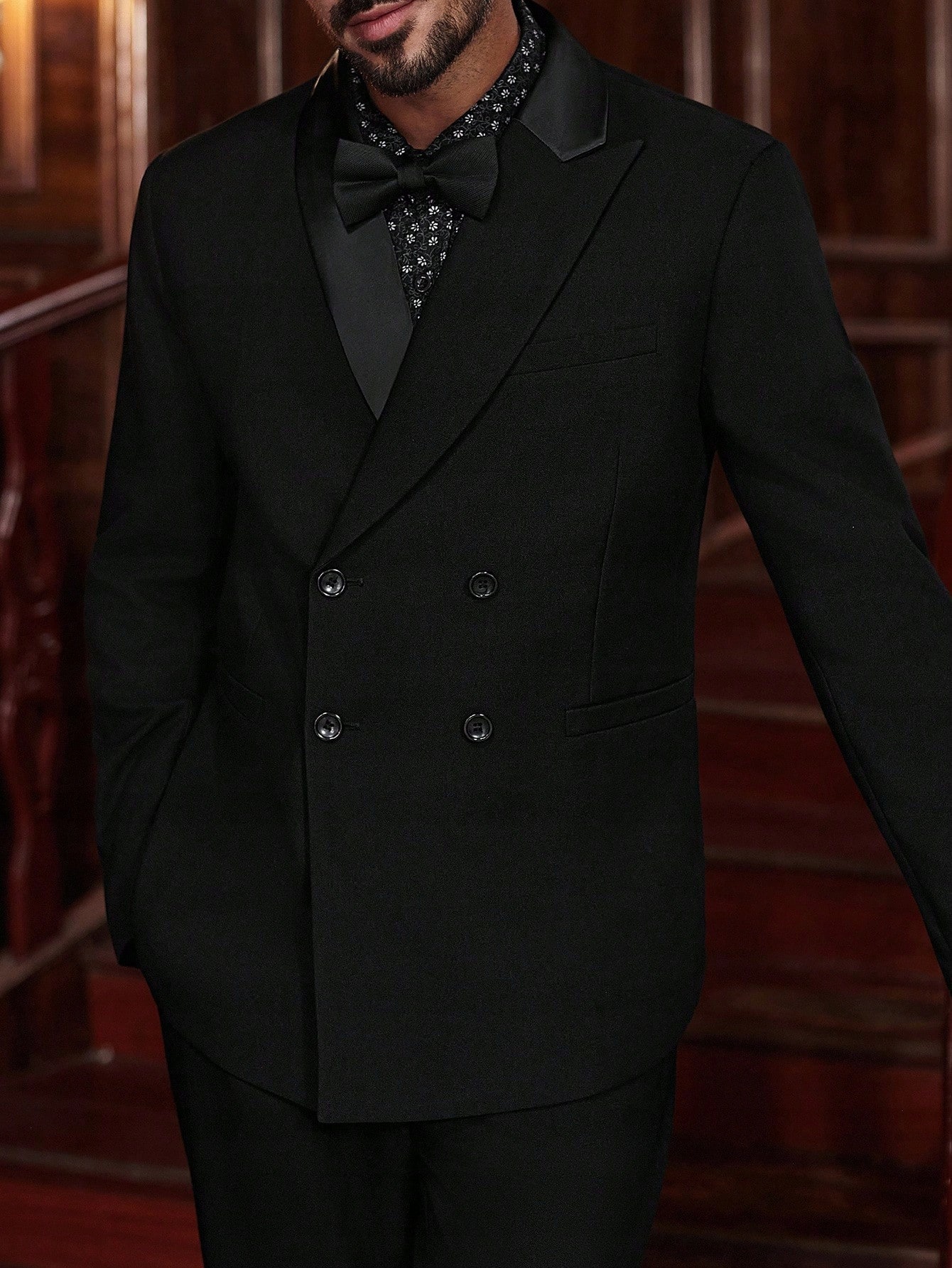 Oblek Dvouřadý Černý Elegantní Smokingový Pánský Obchodní Shein