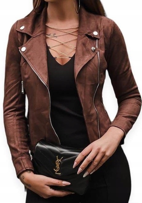 Kurtka Skórzana Zamszowa Ramoneska Czekolada Marynarka Eko-Skóra 36/S