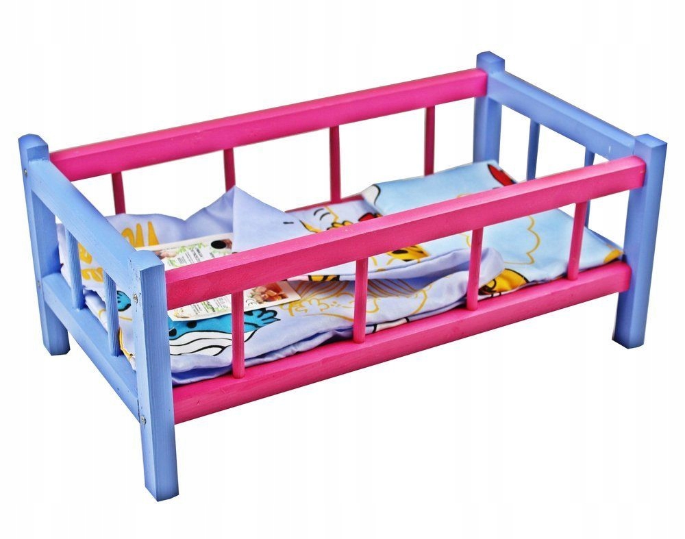 

Drewniane Kolorowe Łóżeczko dla lalek z pościelą