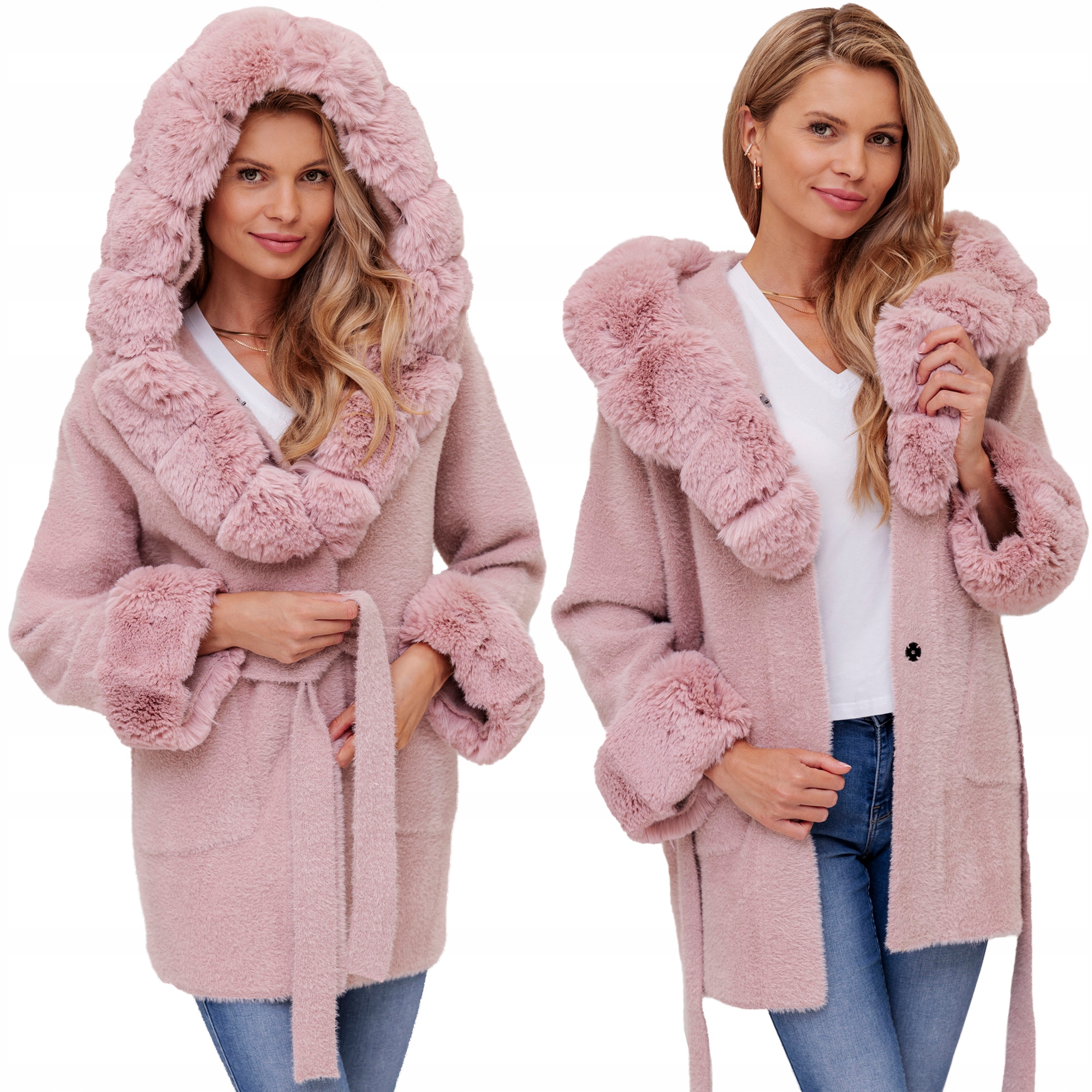 Bella Měkký Kabát S Páskem S Kapucí Alpaka S Kožíškem Pudrová Růžová