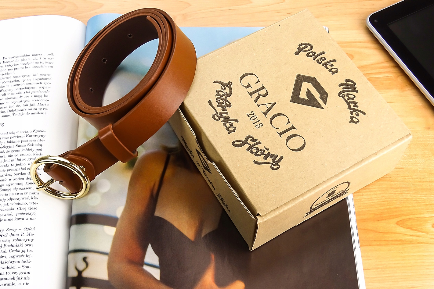 DAMSKI BRĄZOWY PASEK Skóra Naturalna KLAMRA ZŁOTA Materiał dominujący skóra naturalna