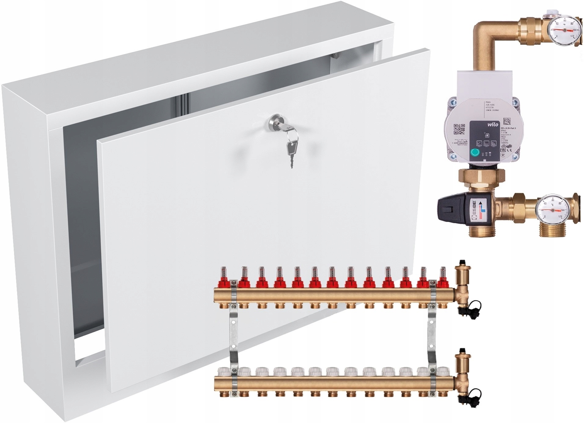 Mosazný rozdělovač pro podlahu 13 s Pumpou Wilo Nástěnná Skříňka
