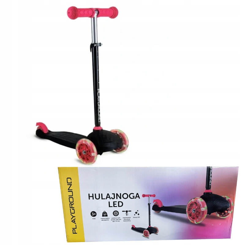 Hulajnoga 3 kołowa Led czarna różowa 3+ 50kg Playground