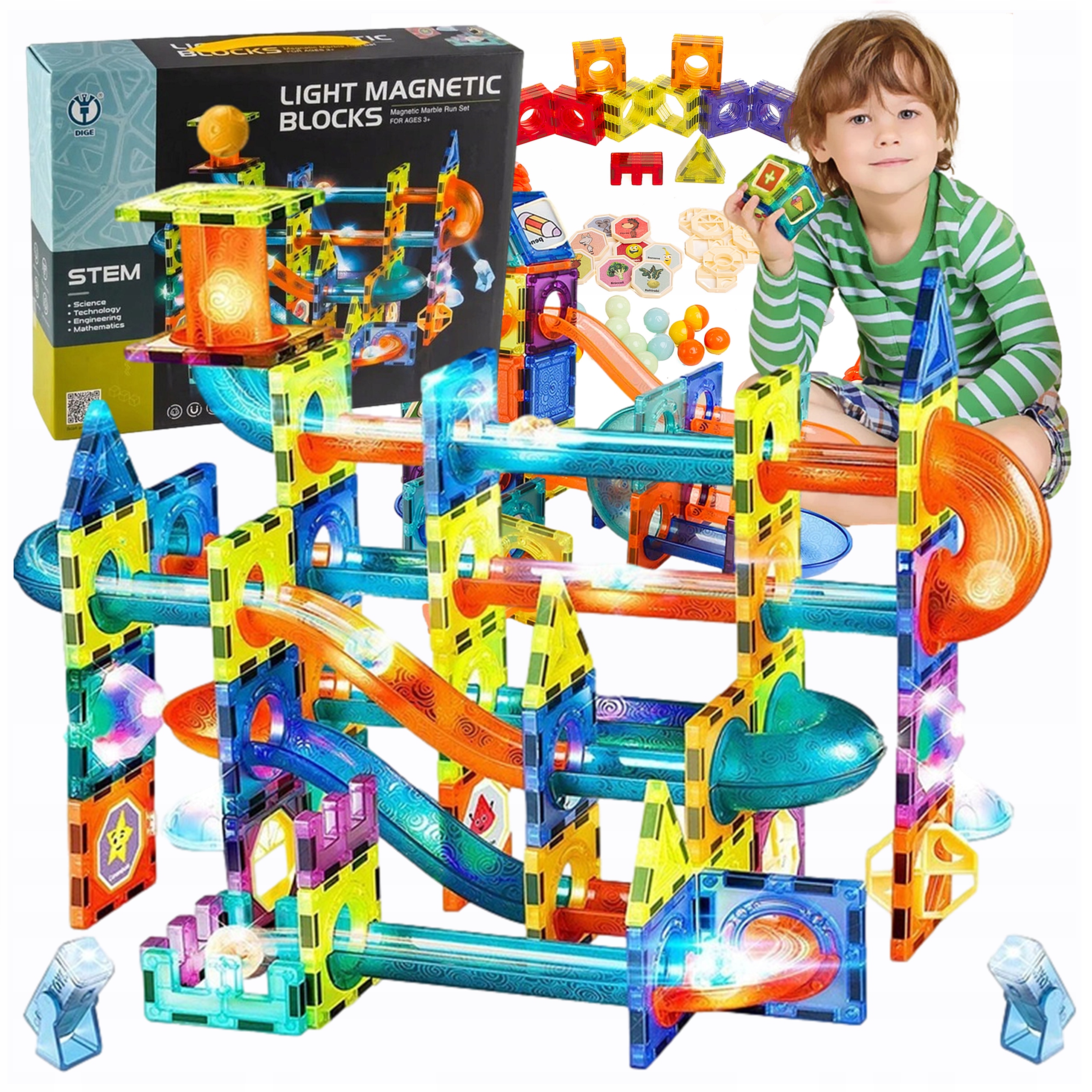 ŚWIECĄCE KLOCKI MAGNETYCZNE ŚWIECĄCY TOR MAGNETYCZNY dla kulek ZESTAW XXL