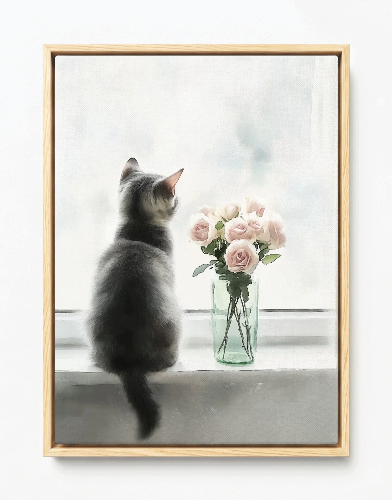 Obraz Rám Americký Box Kočka Květiny Okno Růžové Růže Minimalismus 60x80